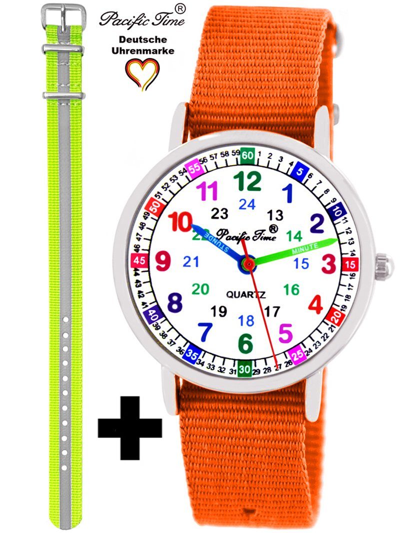 Pacific Time Quarzuhr Set Kinder Armbanduhr Lernuhr Wechselarmband, Mix und Match Design - Gratis Versand orange und Reflektor gelb