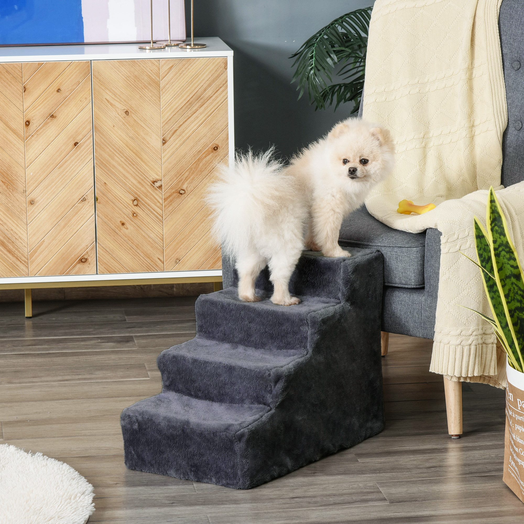 PawHut Haustiertreppe 3 Stufen Hunderampe für Kleine Hunde mit Waschbar Bezug (katzentreppe, 1-St., Hundetreppe 4 Stufen), für Katzen bis zu 5 kg, Dunkelgrau