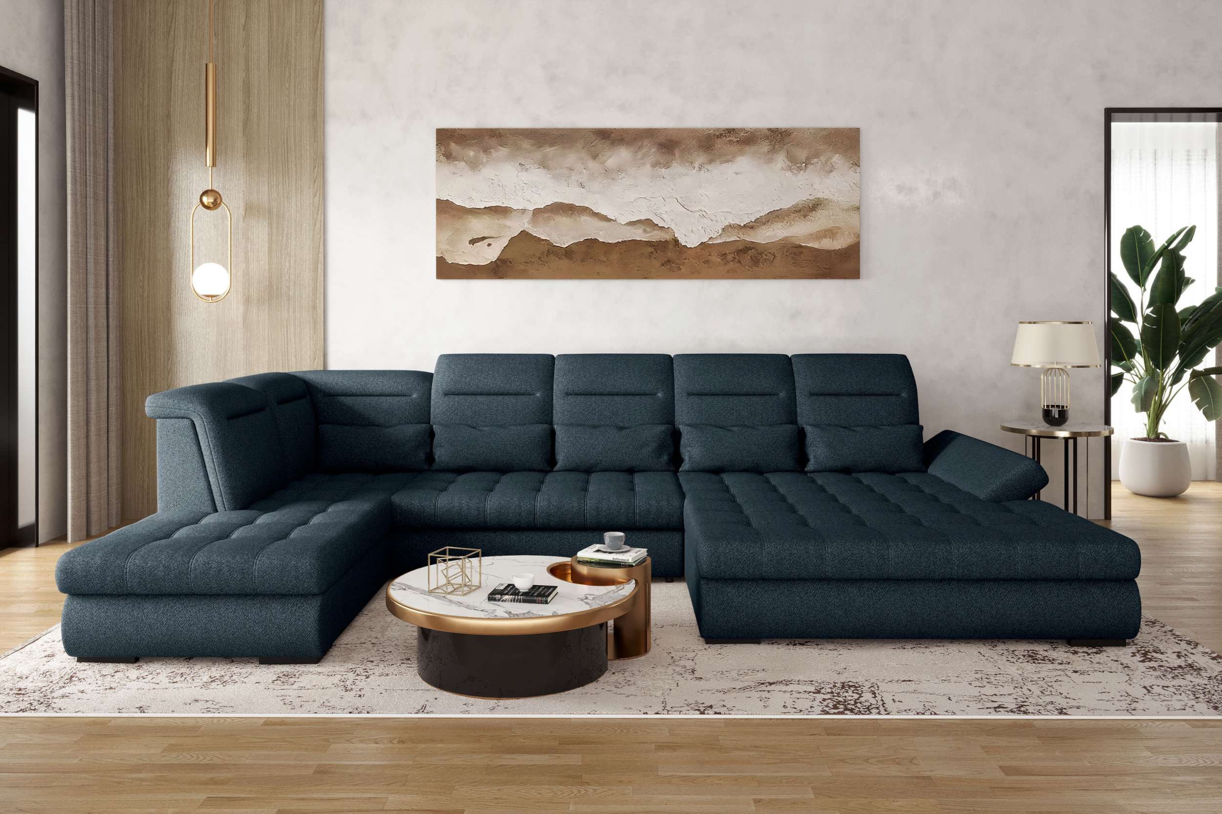 99rooms Wohnlandschaft Toscana, Sofa, U-Form, Bettfunktion, Rundumbezug aus gepolstertem Velours VOGUE