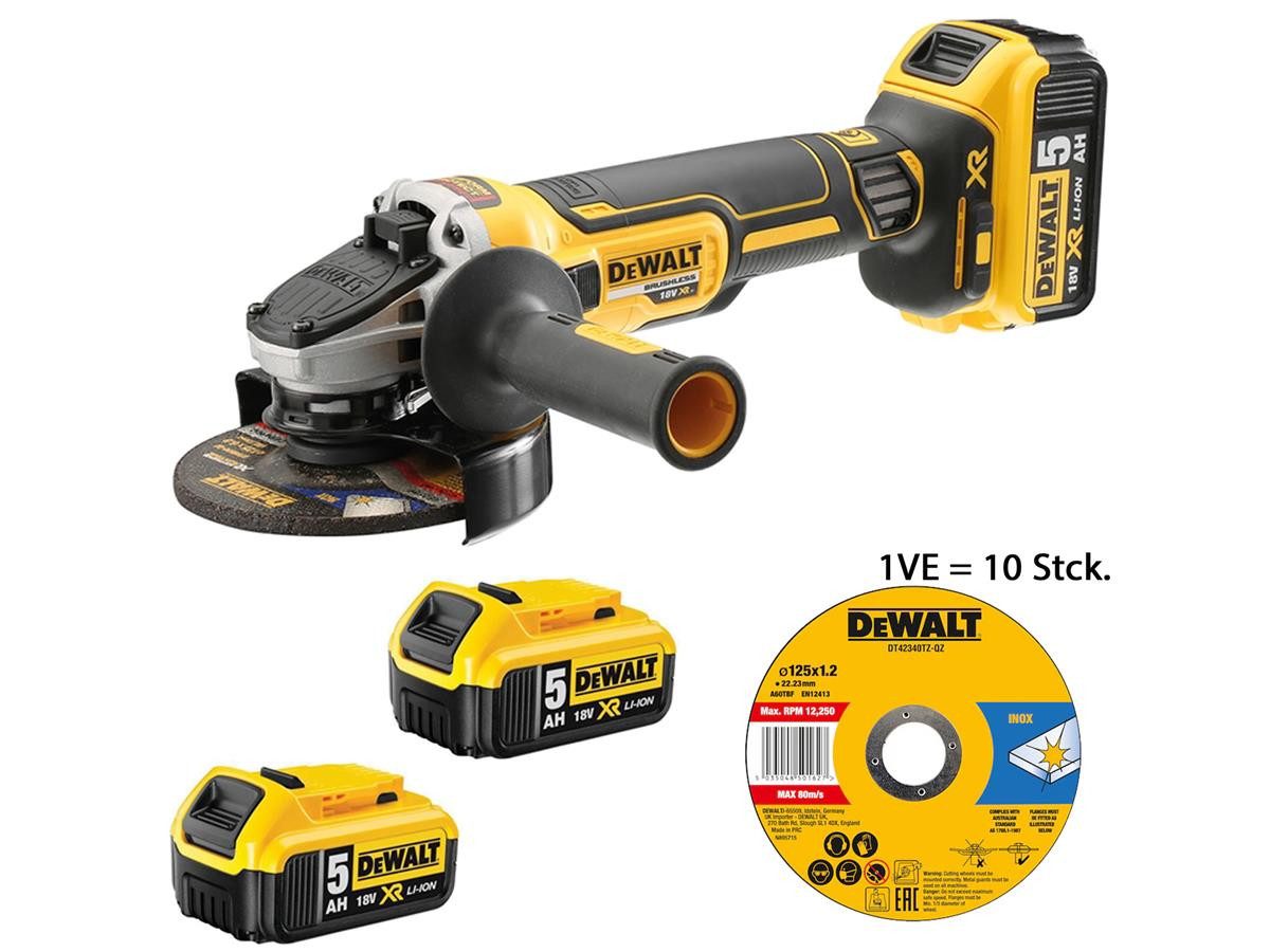 DeWalt Akku-Winkelschleifer DCG405P3-QW Set, max. 9000 U/min, inkl. 3x 5,0 Ah XR Akkus, Ladegerät & 10x 125 mm Trennscheiben