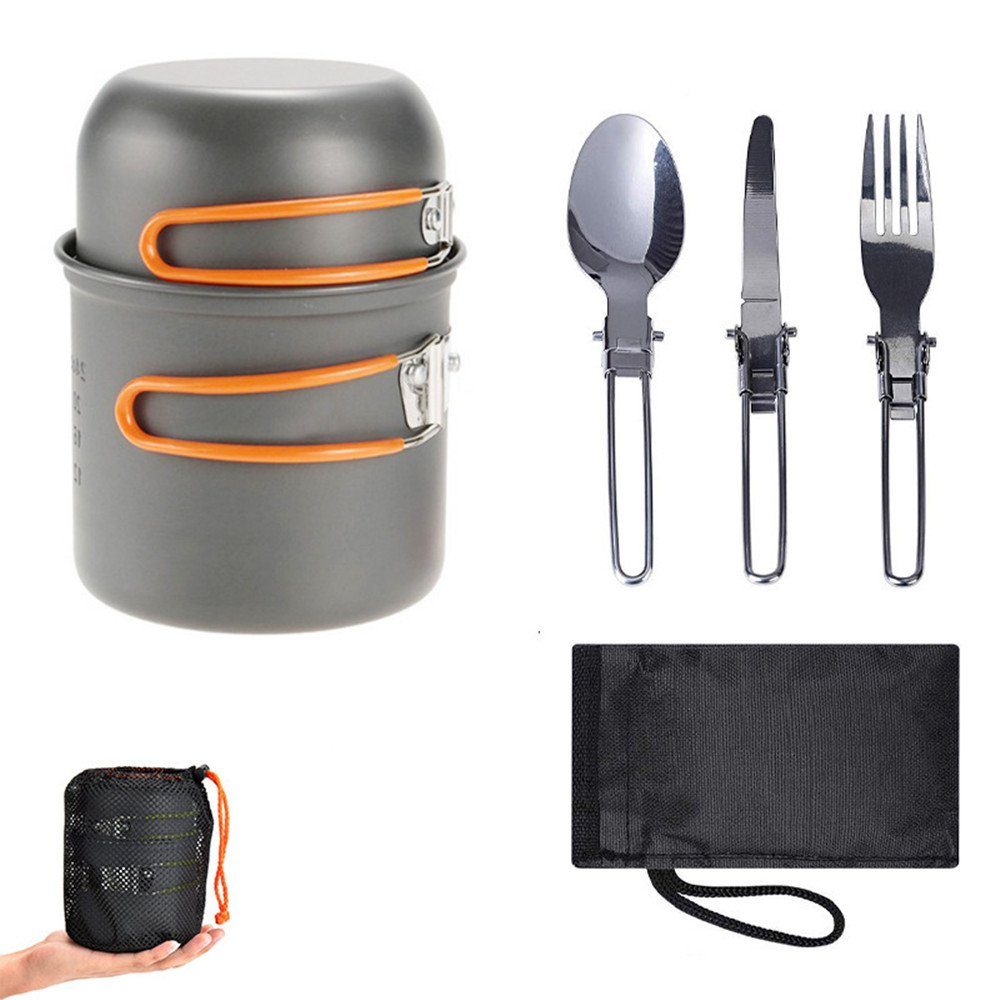 XDeer Gaskocher Camping Kochgeschirr Set,Campinggeschirre Kochtopf Camping, Topf Bratpfanne Set Picknick Töpfen Kochgeschirr Geschirr Set orange