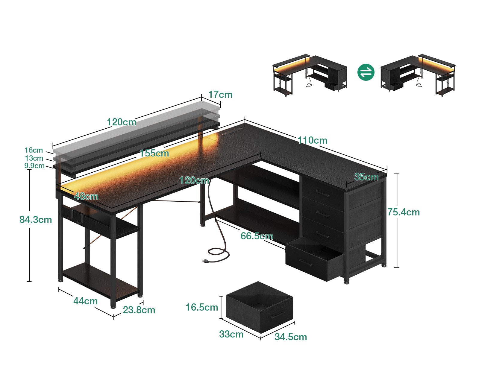 ODK Eckschreibtisch mit Schubladen und Steckdosen, 155×110cm, Schwarz günstig online kaufen