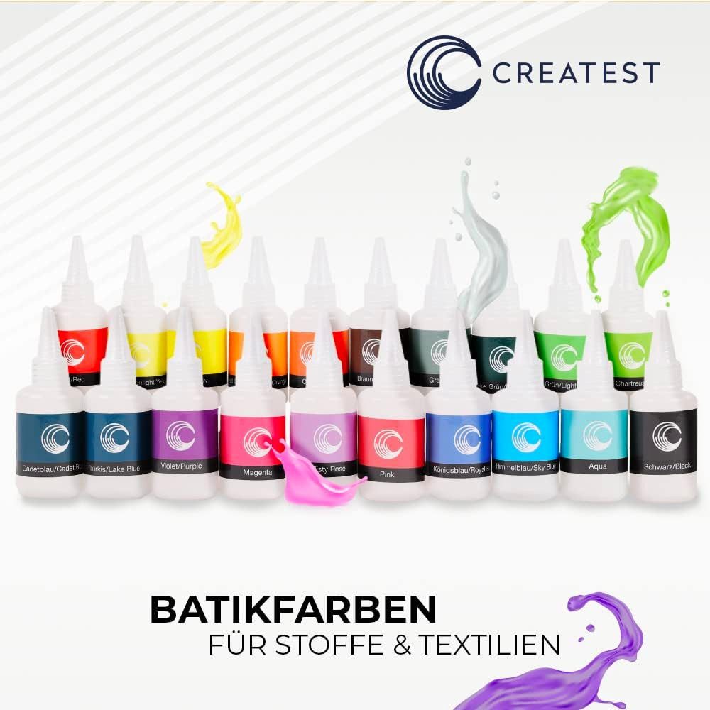CREATEST Bastelfarbe Batikfarben-Set mit 20 Farben DIY Textilfarbe für Fashion & Spaß, Ideal für T-Shirts, Schals & Taschen aus Baumwolle, Leinen & mehr