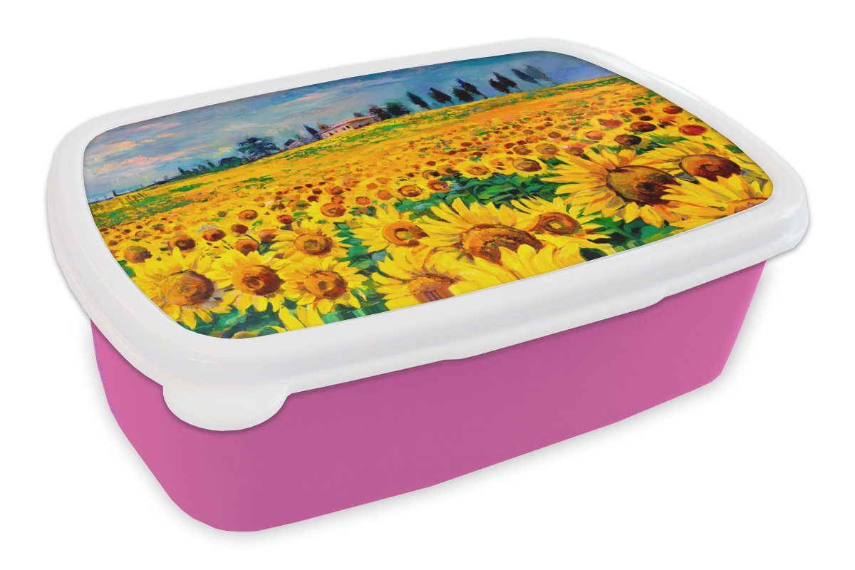 MuchoWow Lunchbox Ölfarbe - Gemälde - Blumen - Sonnenblume, Kunststoff, (2-tlg), Brotbox für Erwachsene, Brotdose Kinder, Snackbox, Mädchen, Kunststoff rosa