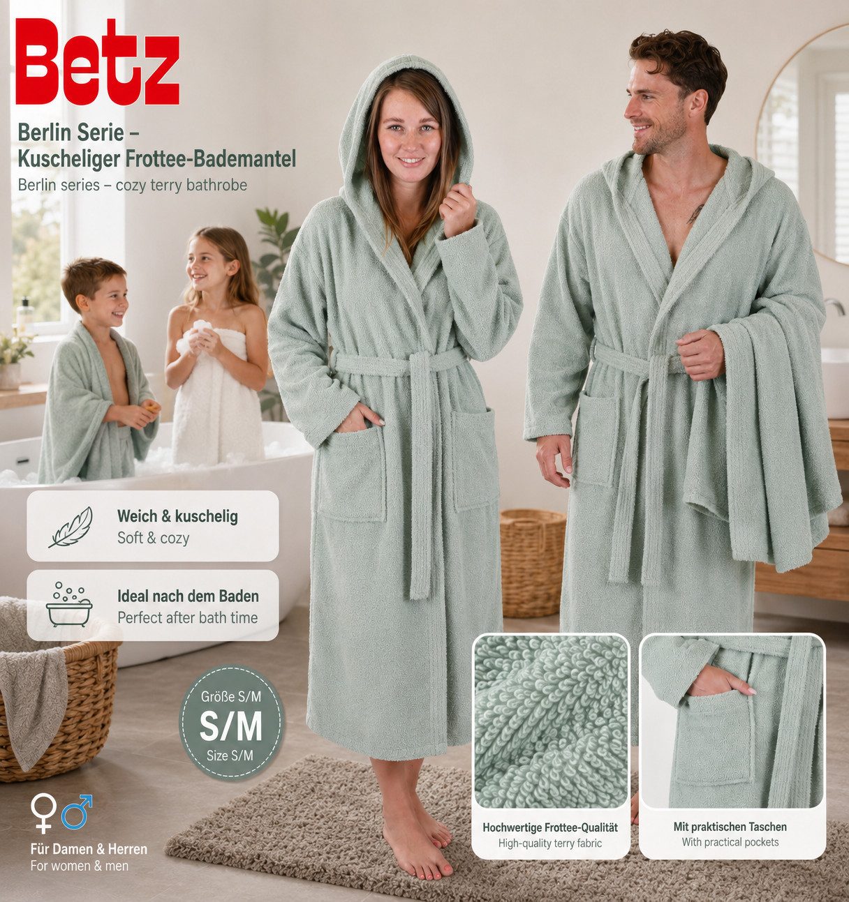 Betz Bademantel Saunamantel mit Kapuze BERLIN für Herren und Damen, Wadenlang, 100% Baumwolle, Kapuze, gürtel
