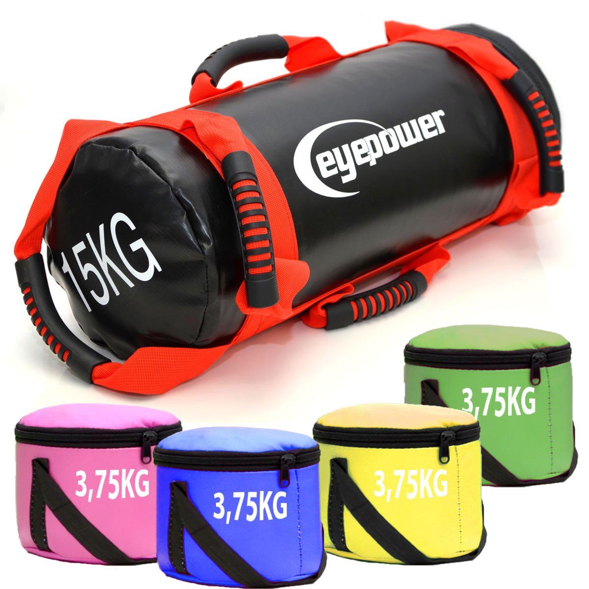 eyepower Gewichtssack 15kg Power Bag mit 4 Kettlebell Gewichten 18x50 cm, 18x50cm Sandbag Sandsack