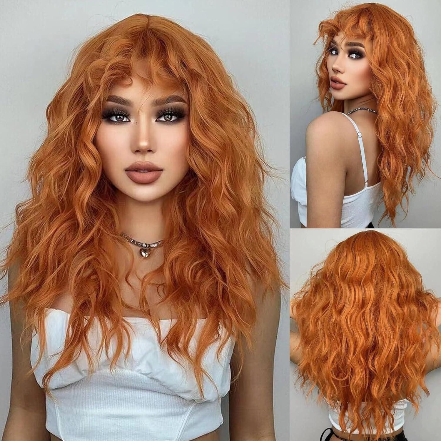 LuxusKollektion Kunsthaarperücke Orange lange wellige Perücke mit Pony - hitzebeständige synthetische