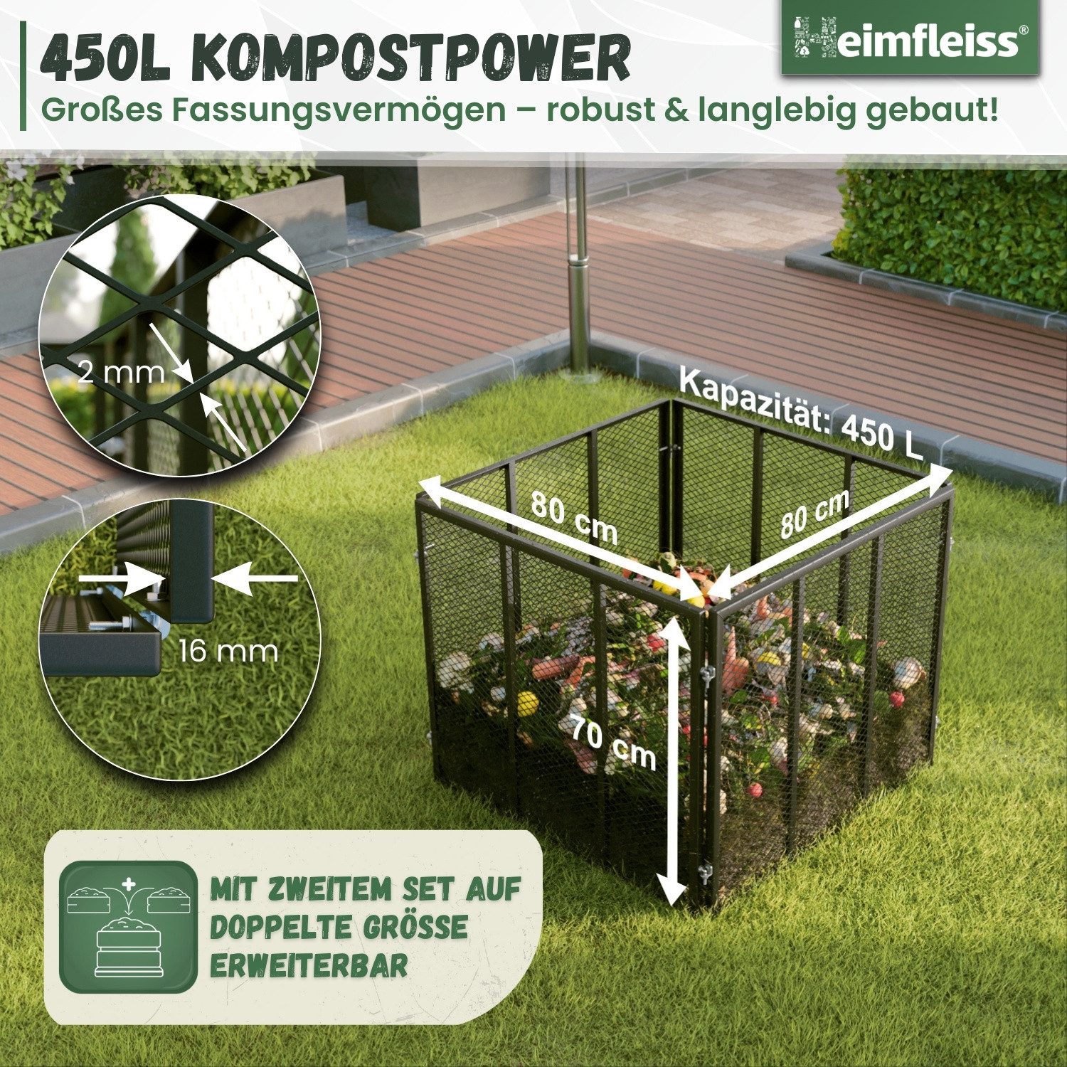 Heimfleiss® Komposter Metall Komposter 450L/750L – verzinkt & pulverbeschichtet, BxTxH: 80x80x70 cm, 450 l, Robuster Gartenkomposter mit Stecksystem für nachhaltige Kompostierung