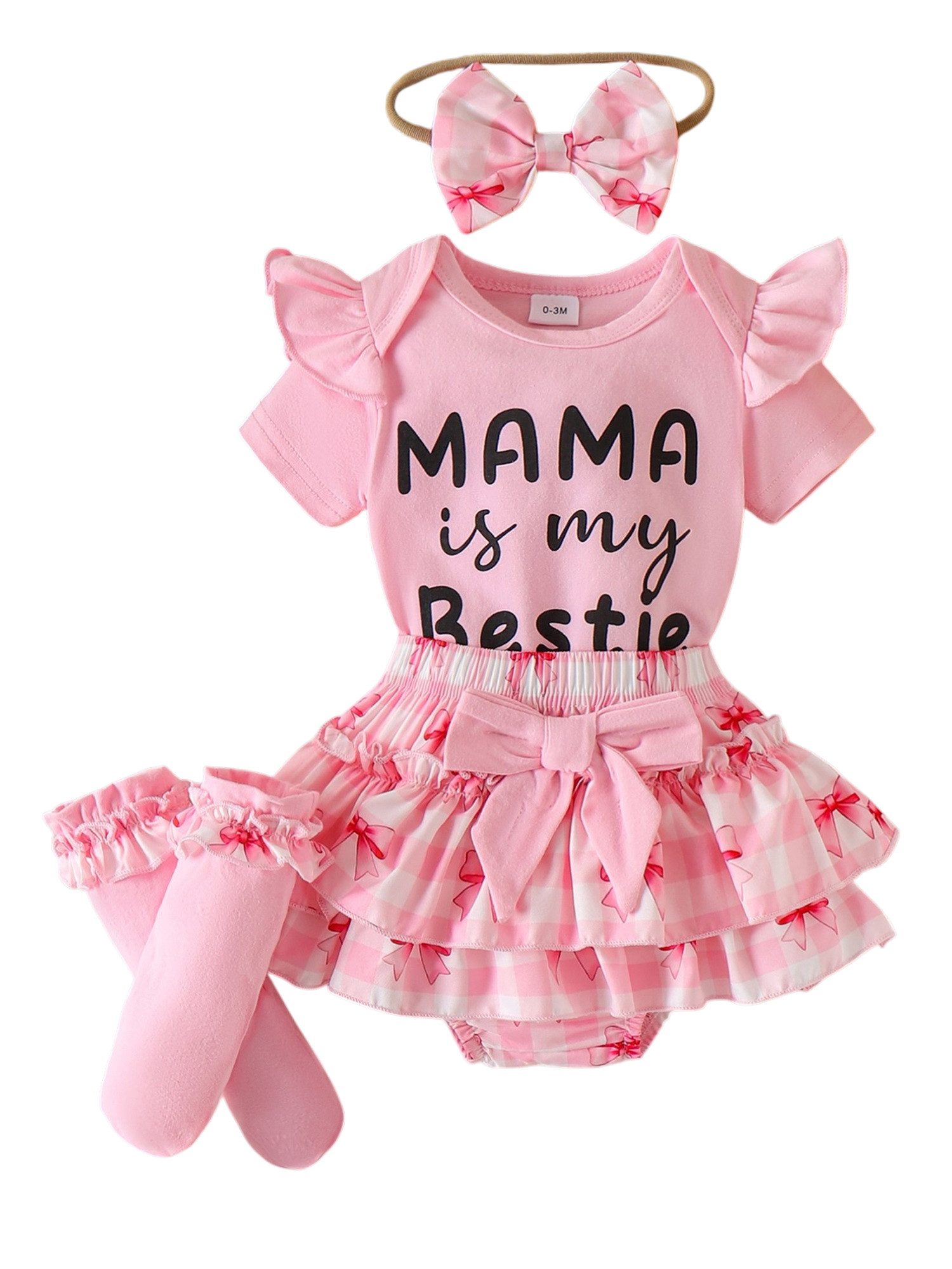 Lapastyle Shirt, Rock & Haarband Neugeborenen-Outfit, Kurzarm-Overall, Rock, Söckchen und Stirnband (Set, 4-tlg) Rosa Baby-Mädchen-Outfit mit Rüschen Karomuster, für Alltag, Partys.