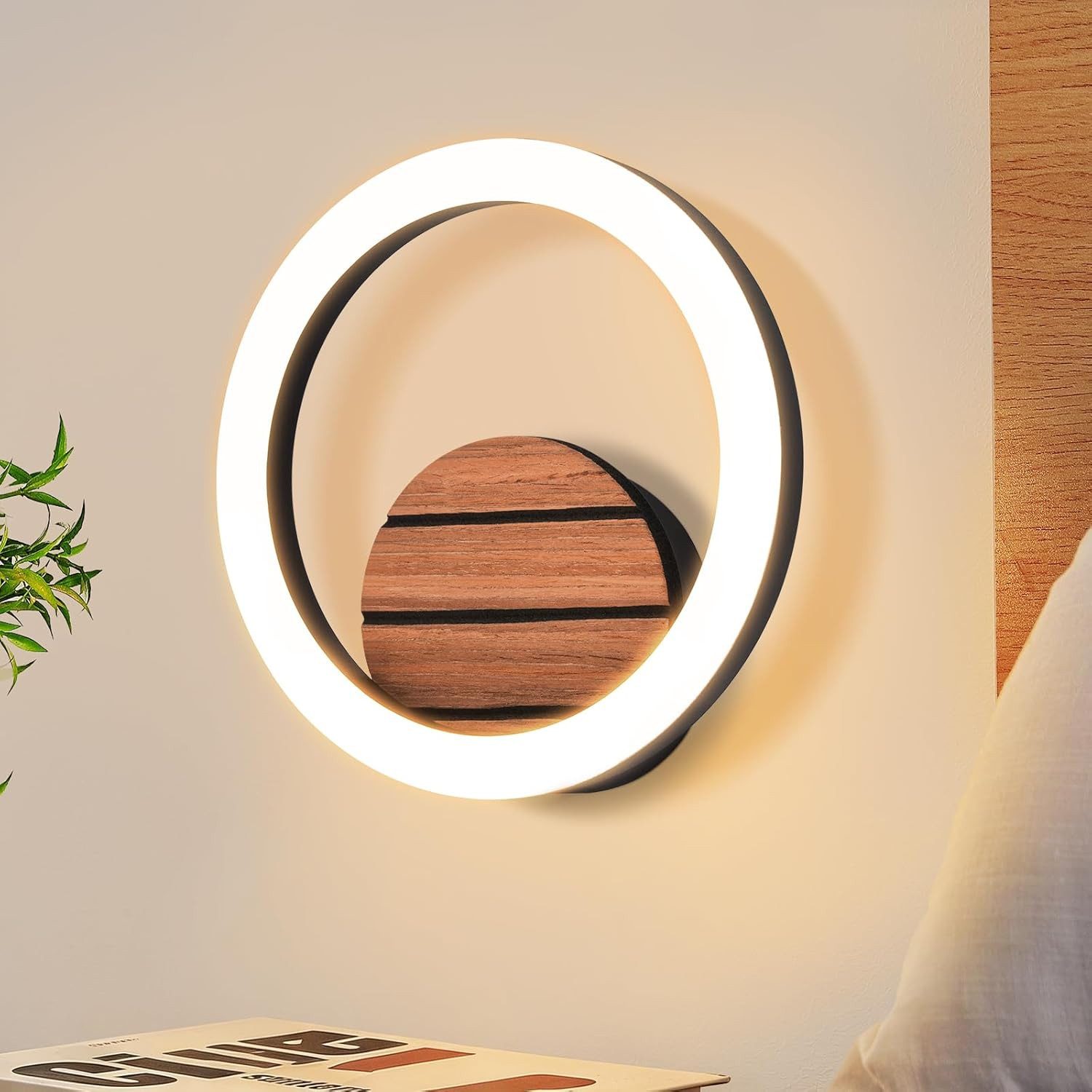 Nettlife LED Wandleuchte Innen 17/20cm modern für Flur 3000K 6/7W rundes Design in Holzoptik, LED fest integriert, Warmweiß, für Treppenhauslampe Küchenlampe Schlafzimmerlampe Wohnzimmerlampe