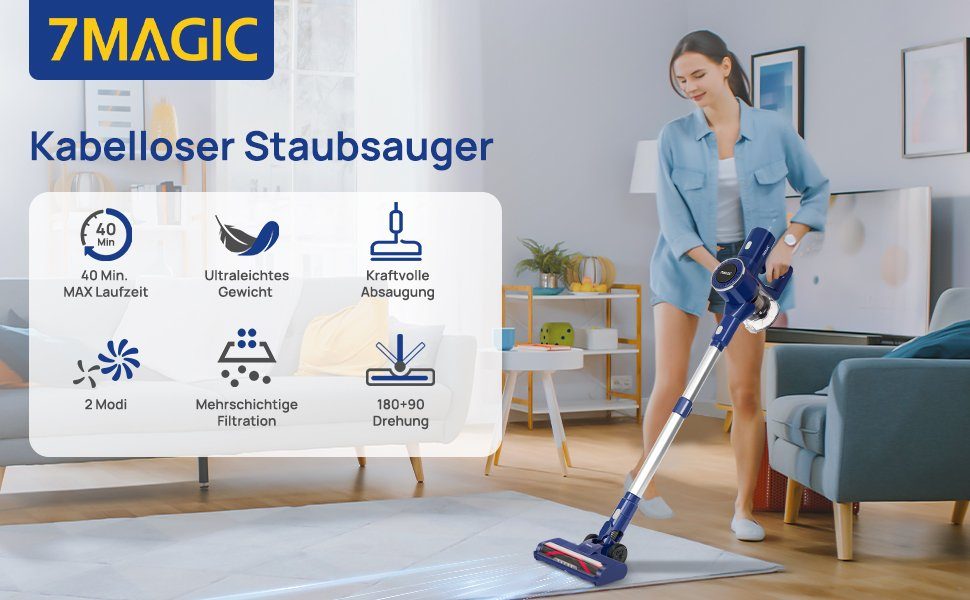 7Magic Akku-Handstaubsauger Staubsauger Kabellos mit Saugkraft, Teppich, 1.0L beutellos, Polster W, Akkustaubsauger, 160 Tierhaare, und in1 Staubbehälter, 25000pa für Hartboden 6