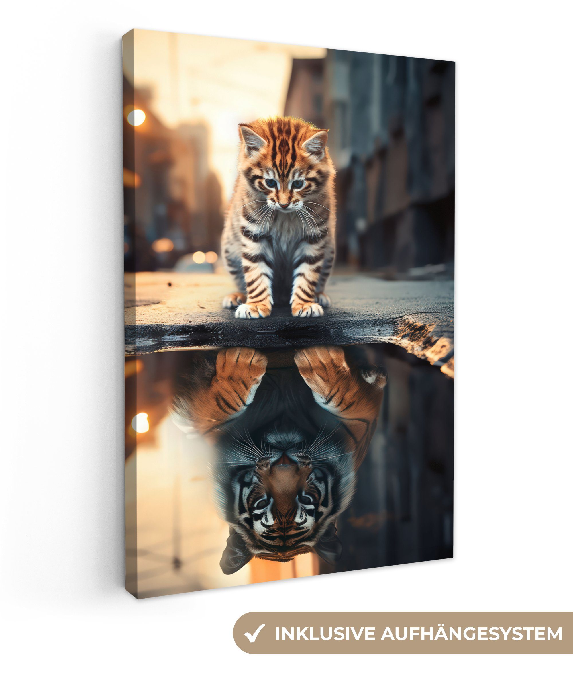 OneMillionCanvasses® Leinwandbild Katze - Spiegelbild - Tiger - Straße - Wa günstig online kaufen