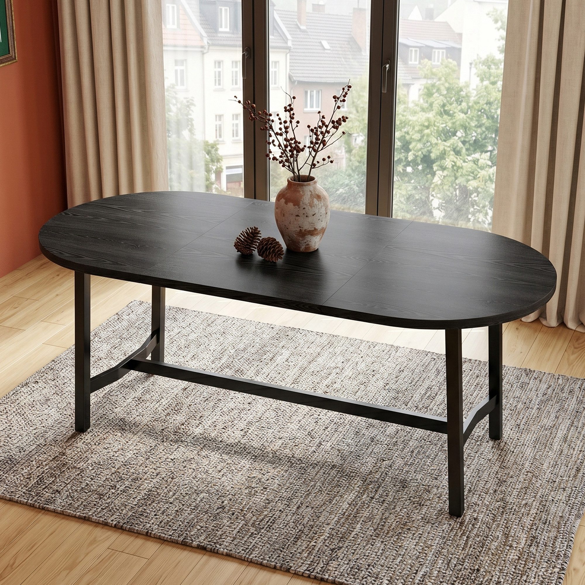 Flieks Esstisch (180x80x75 cm, 1-St., 1 Tisch), ovaler Küchentisch Arbeitstisch Holzoptik Schwarz, Eisenbeine