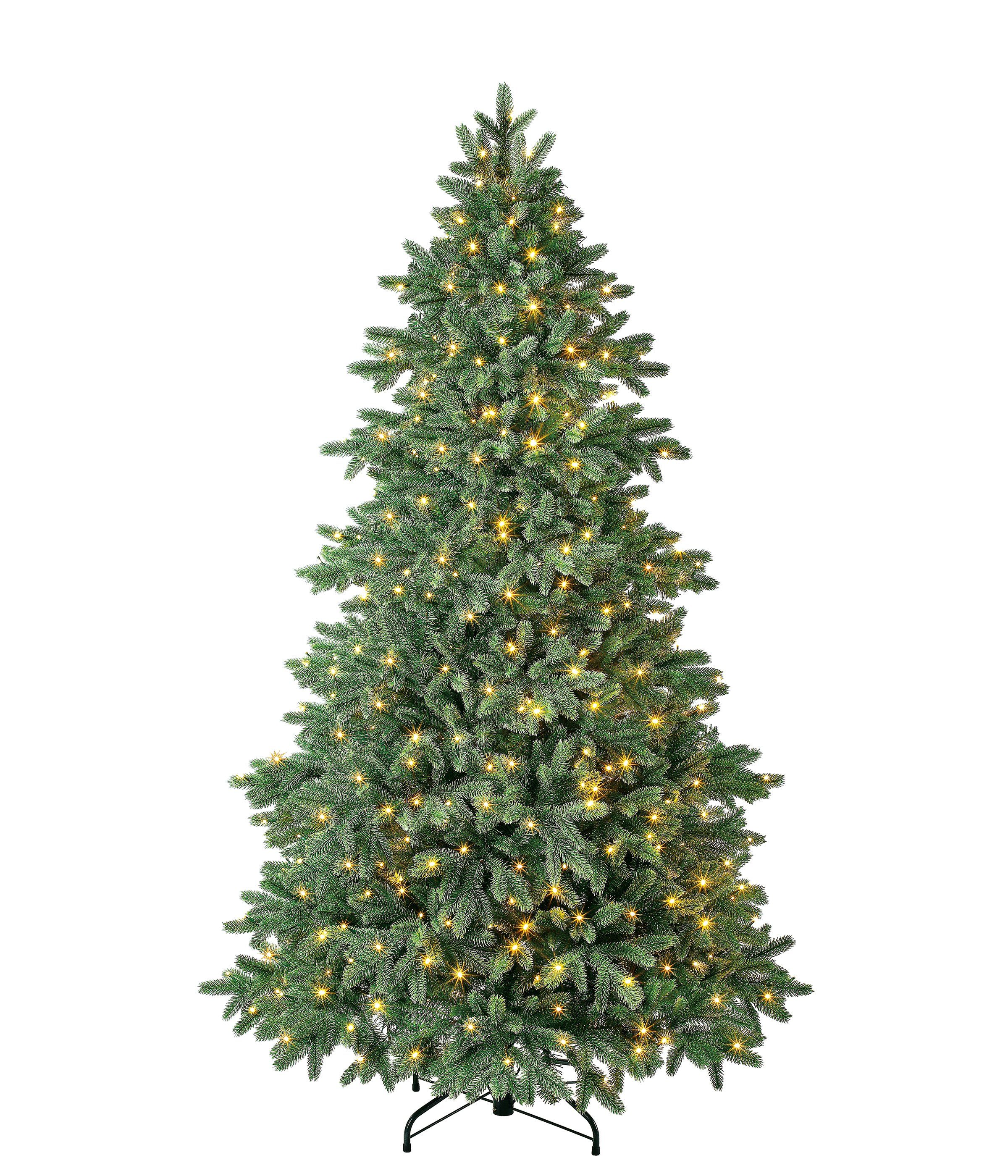Dehner Künstlicher Weihnachtsbaum Tanne Lyra m. LED/Ständer/Fernbedienung, 210 cm, hochwertiger künstlicher Christbaum mit LED Beleuchtung