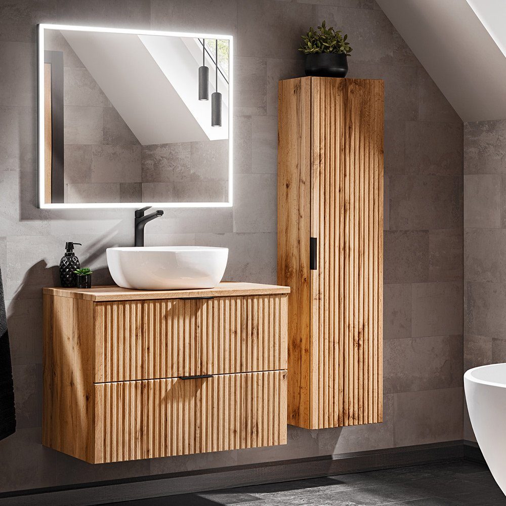 Lomadox Badmöbel-Set ADELAIDE-56, (Spar-Set, 3-St), Eiche Rillenoptik LED-Spiegel & Waschtisch Keramikbecken Hochschrank