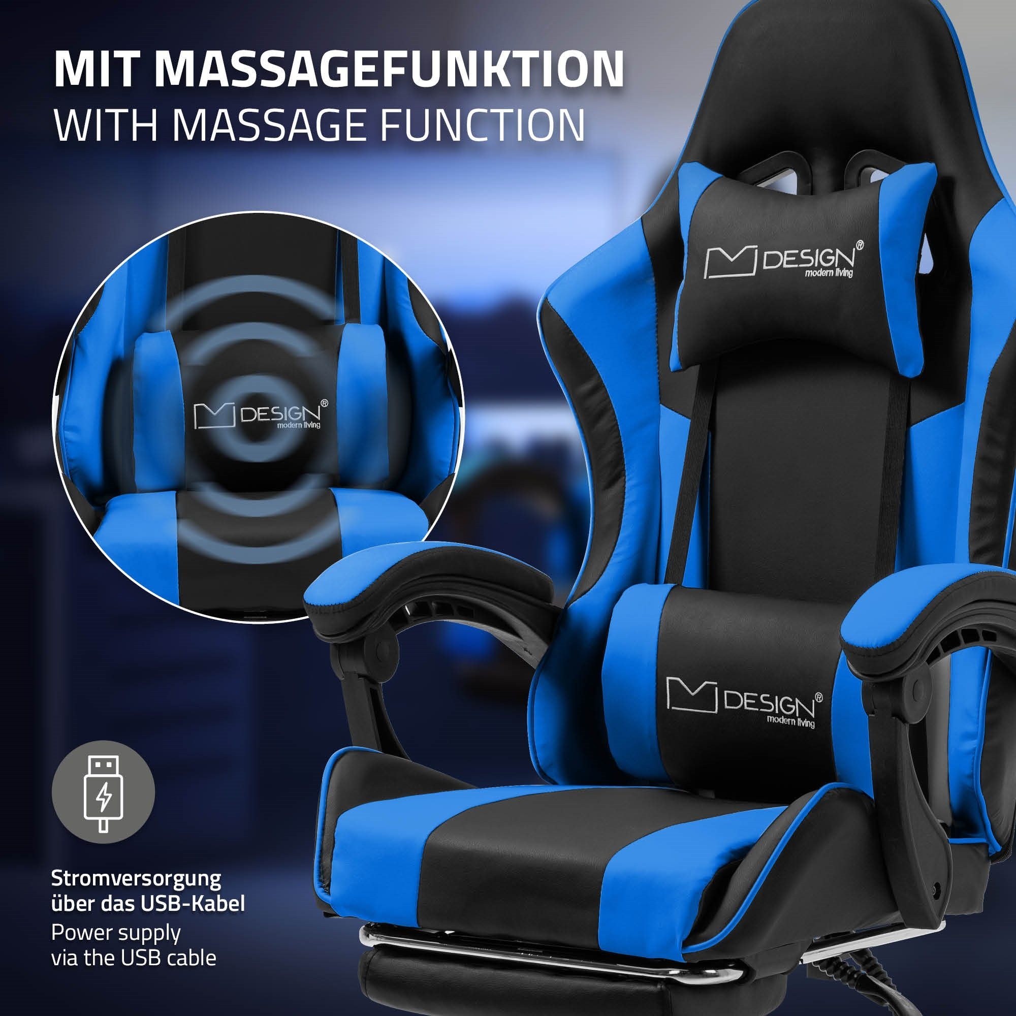Gamingstuhl Bürostuhl, Stuhl Gamer verstellbar, ML-DESIGN Fußstütze PU-Leder, aus Blau Gaming-Stuhl Kopfstütze, Lendenkissen, mit Racing Massage Armlehne,