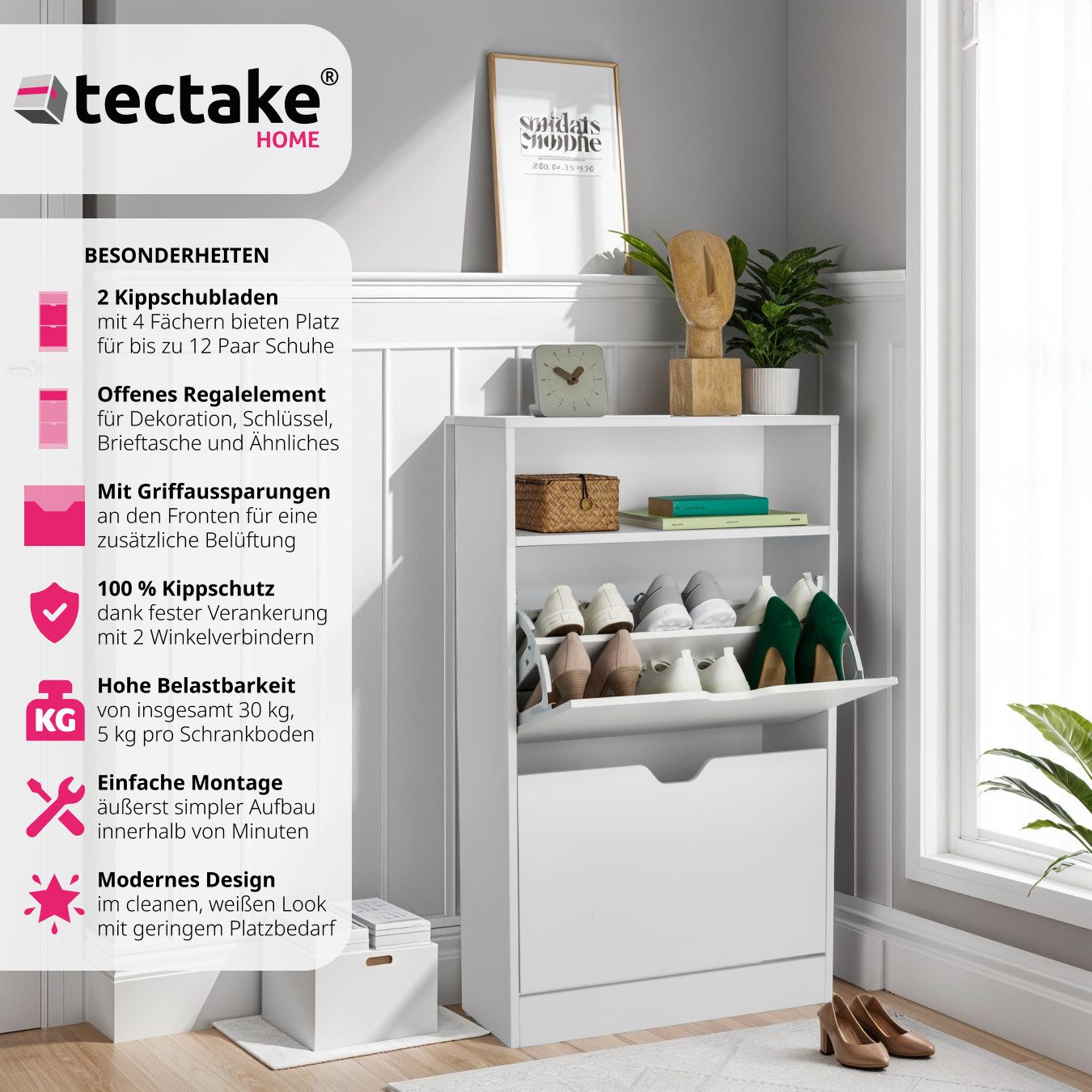 tectake Schuhschrank Schuhregal Calea mit 2 Kippfächern für 12 Paar Schuhe günstig online kaufen