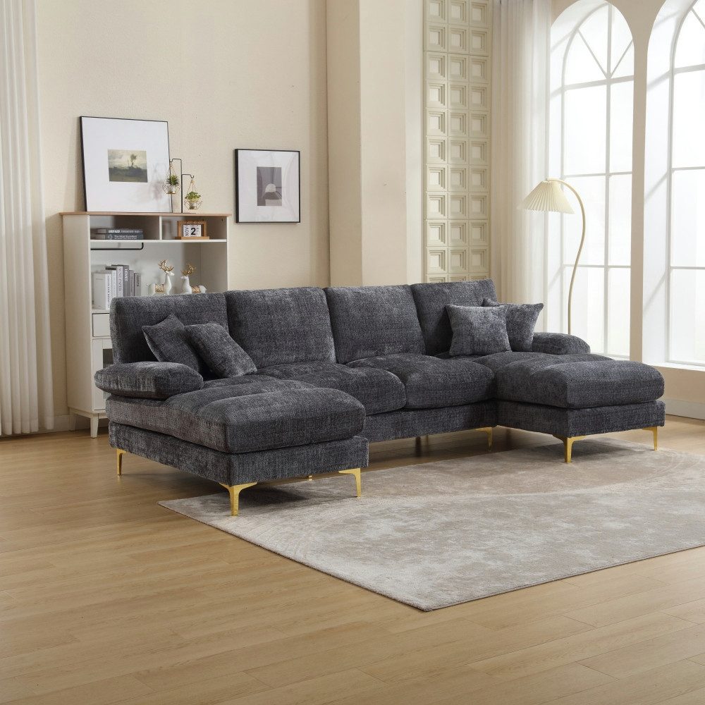 BBG Loungesofa Modernes U-förmiges Ecksofa mit Chenille-Bezug, 4-Sitzer, Wohnlandschaft mit 2 Liegeflächen, Couch mit Kissen & Metallfüßen, Großes Sofa für Wohnzimmer, Apartment, Büro