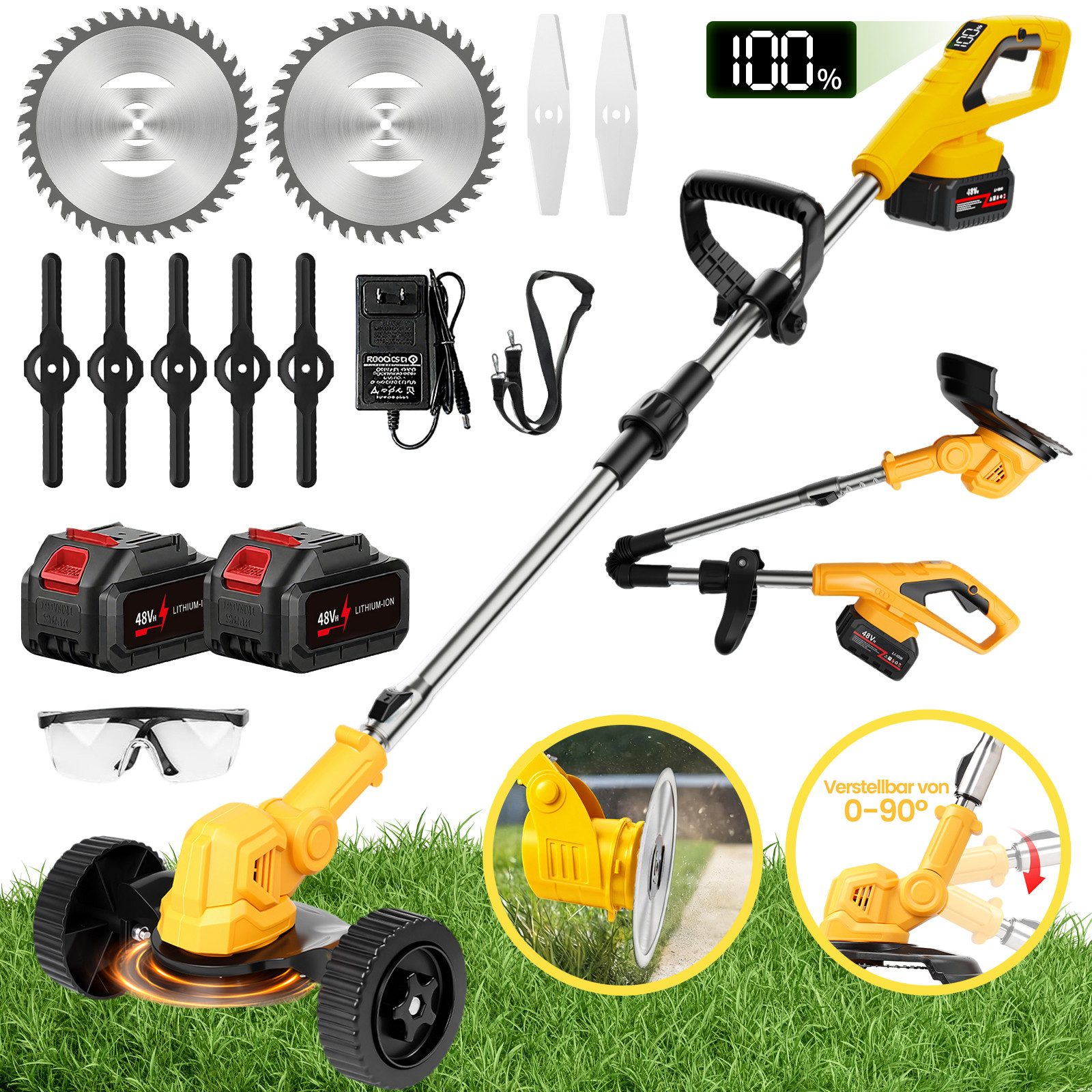 Bundviel Akku-Rasentrimmer Elektro Rasentrimmer 21V Akkurasenmäher Wiederaufladbarer mit 2xAkku, mit 2x4000mAh Akku & Ladegerät