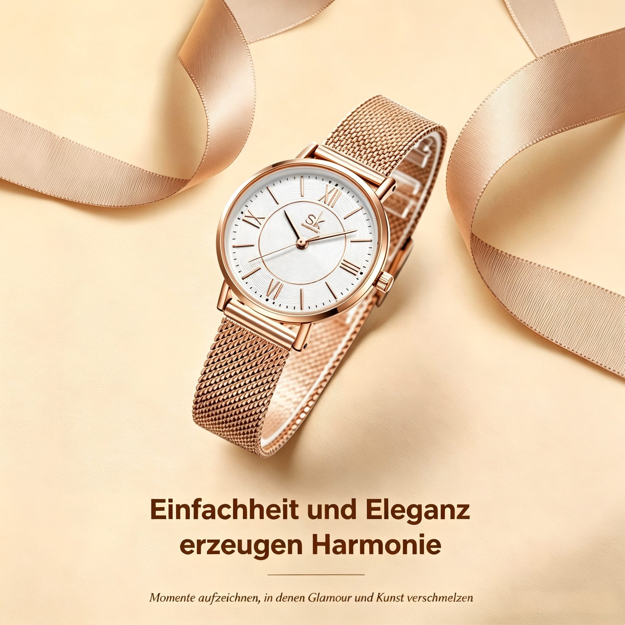 ibettertec Quarzuhr Roségold Damenarmbanduhr mit Mesh-Armband – Elegante Runde, (Packung, Quarzuhr mit römischen Ziffern), Minimalistisch, Geschenk für Frauen, 3ATM Wasserdicht
