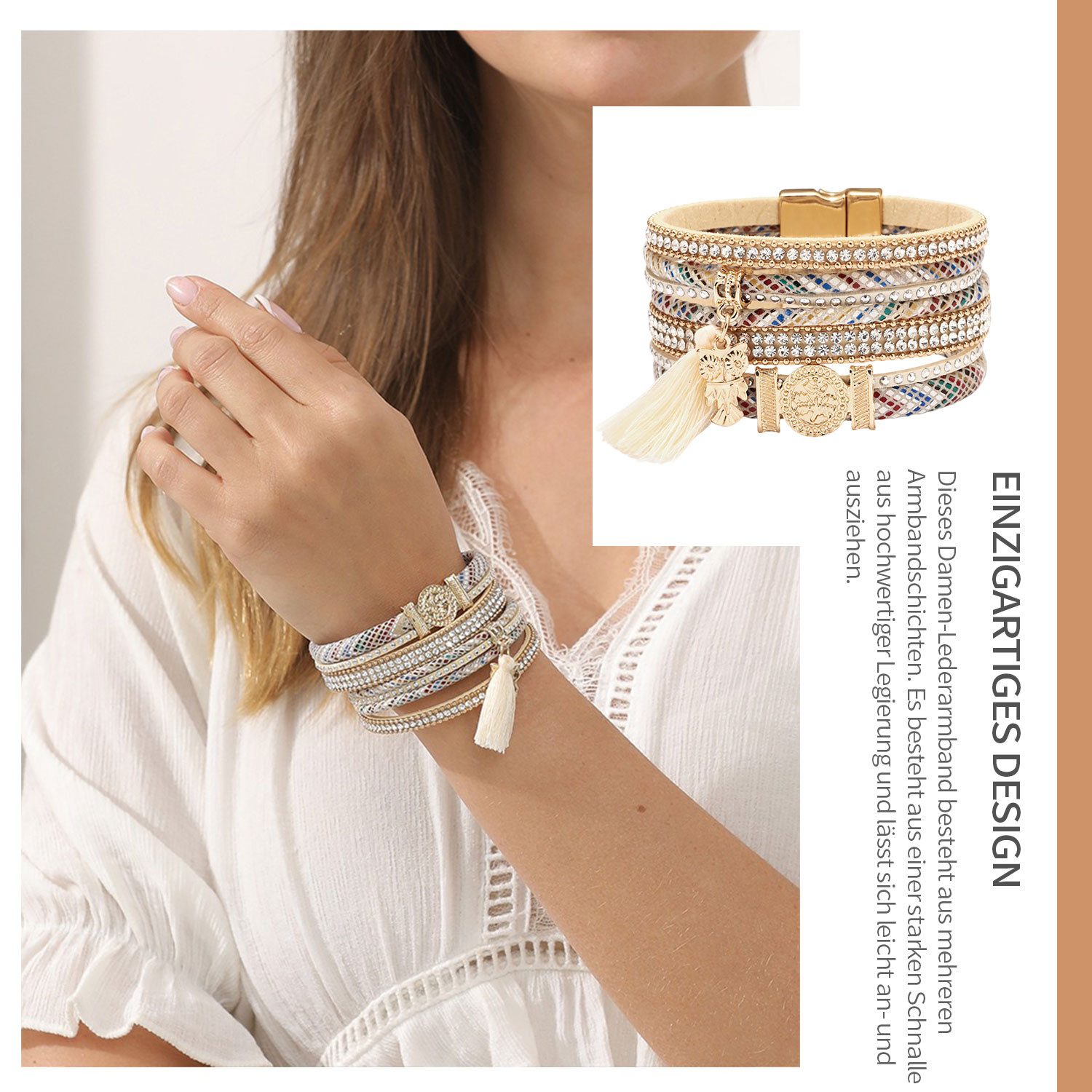 Refttenw Lederarmband Damen Boho Strass Leder günstig online kaufen