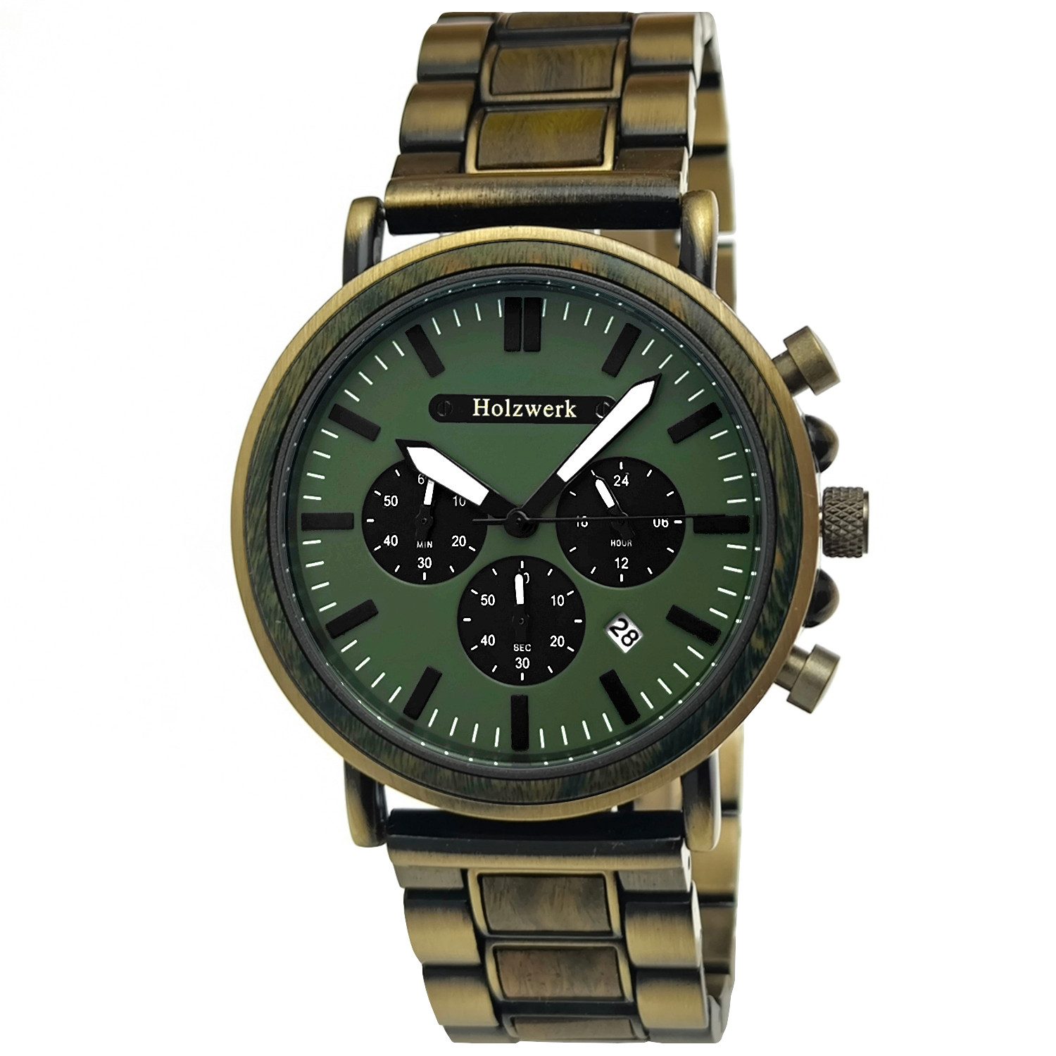 Holzwerk Chronograph GIESINGEN Herren Edelstahl & Holz Armband Uhr in alt gold, oliv grün GIESINGEN