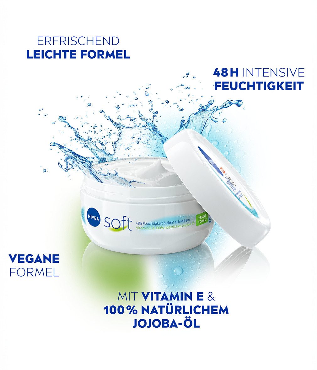 Nivea Tagescreme Soft Erfrischende Feuchtigkeitscreme 3 x 200 ml vegan, 3-tlg., Vitamin E und 100% natürlichem Jojoba-Öl