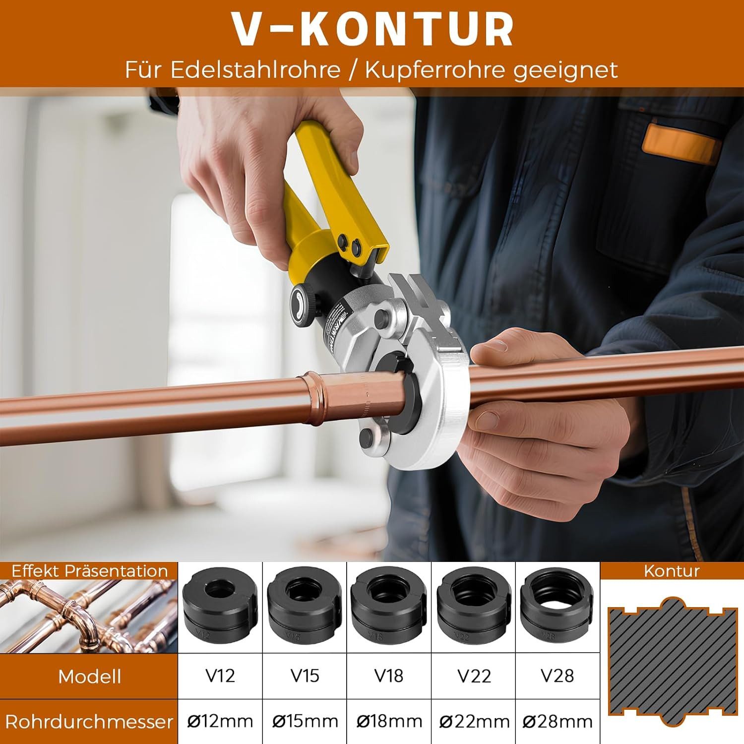 XERSEK Kneifzange Presszange Handpresszange V-Kontur TH-Kontur f. Kupferrohr Verbundrohr, mit Rohrabschneider mit V12 V15 V18 V22 V28, & TH16 TH20 TH26 TH32 – Bild 3 von 5