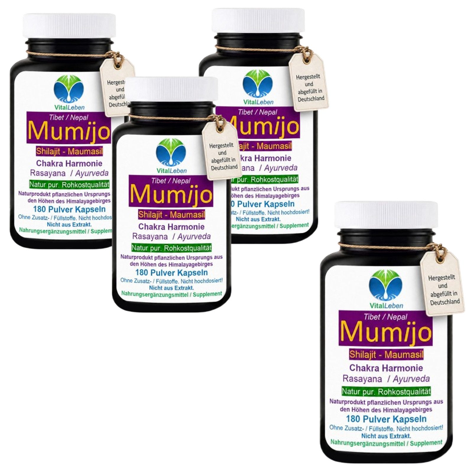 VitalLeben Shilajit Mumijo Ayurveda Gold der Berge naturrein ohne Zusatzstoffe Kapseln, 4 er Dose à 180 St., 352 g, Art. 27285-720
