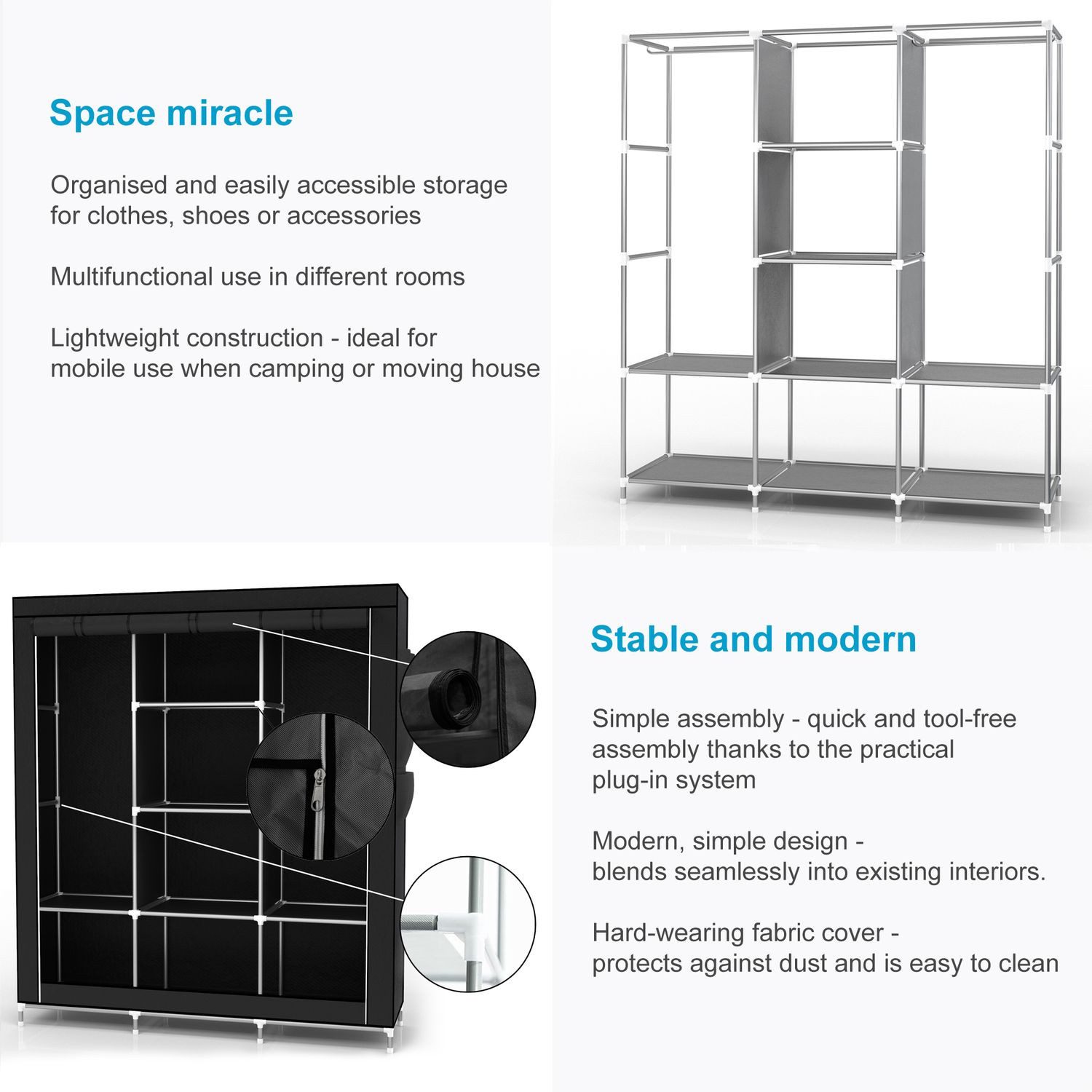 Intirilife Kleiderschrank (1-St) Stoffschrank Kleiderschrank mit Kleiderstange Fächern und Seitentasche