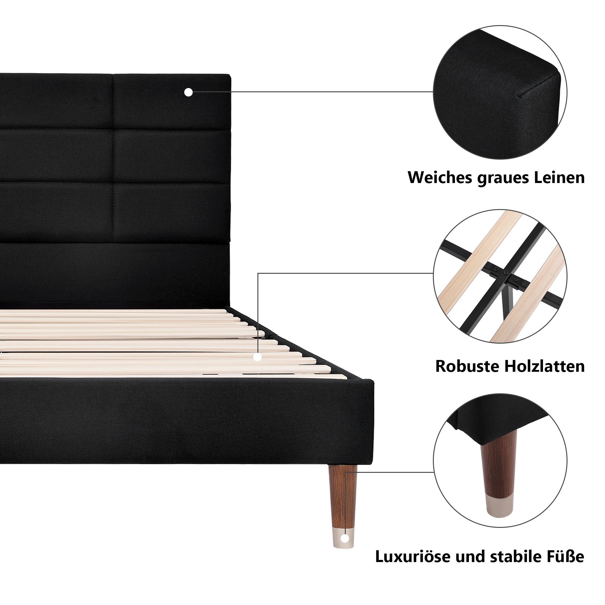 Massivholzbett 140x200cm Schwarz Funktionsbett Holzbett (mit Matratze Matratze) Bett ohne REDOM Doppelbett oder Polsterbett