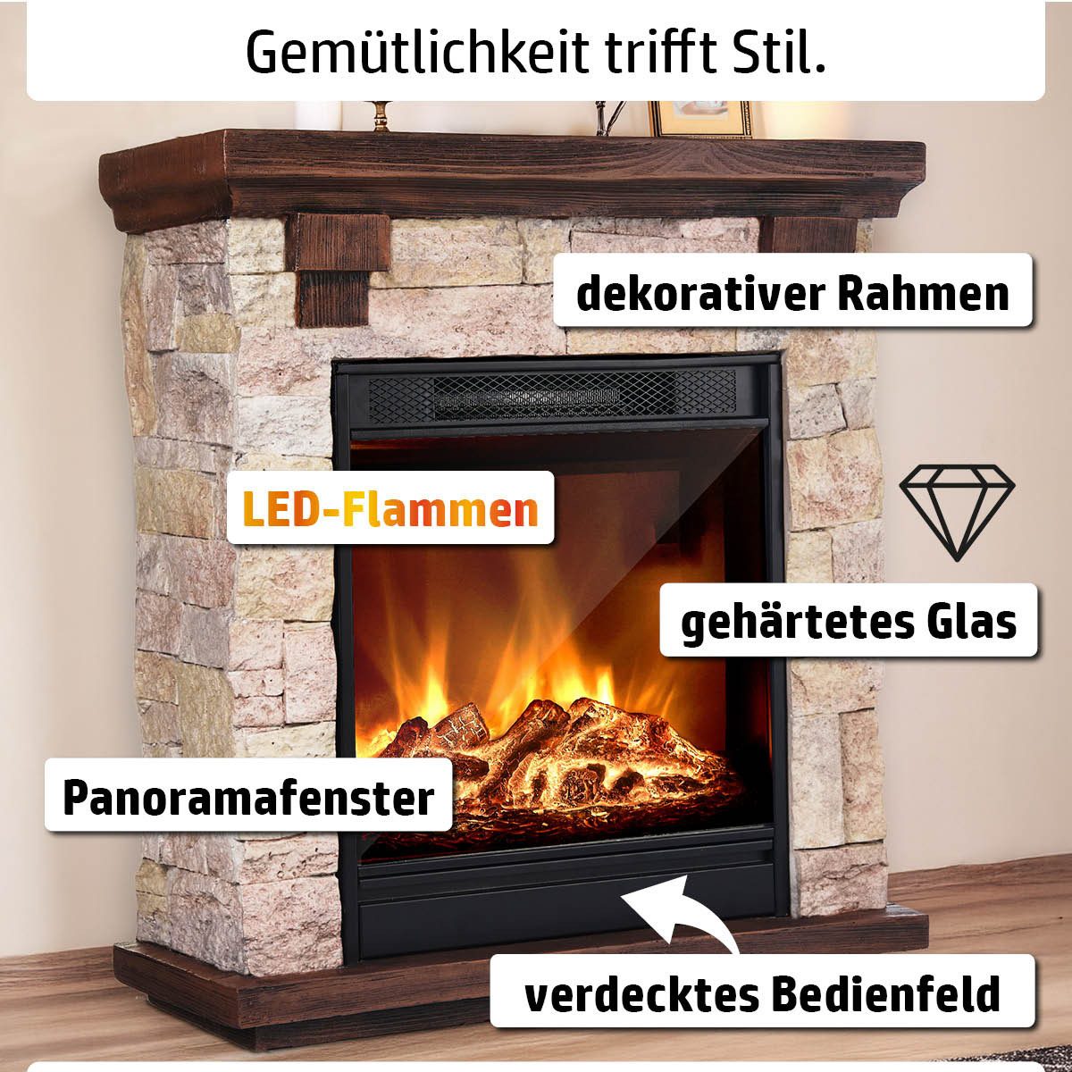 AMBINESS Elektrokamin 2 Heizstufen, 900W - 2000W, LED - 3D Flammeneffekt mit Farbwechsel, inkl. Fernbedienung Timer & Thermostat – Bild 3 von 5
