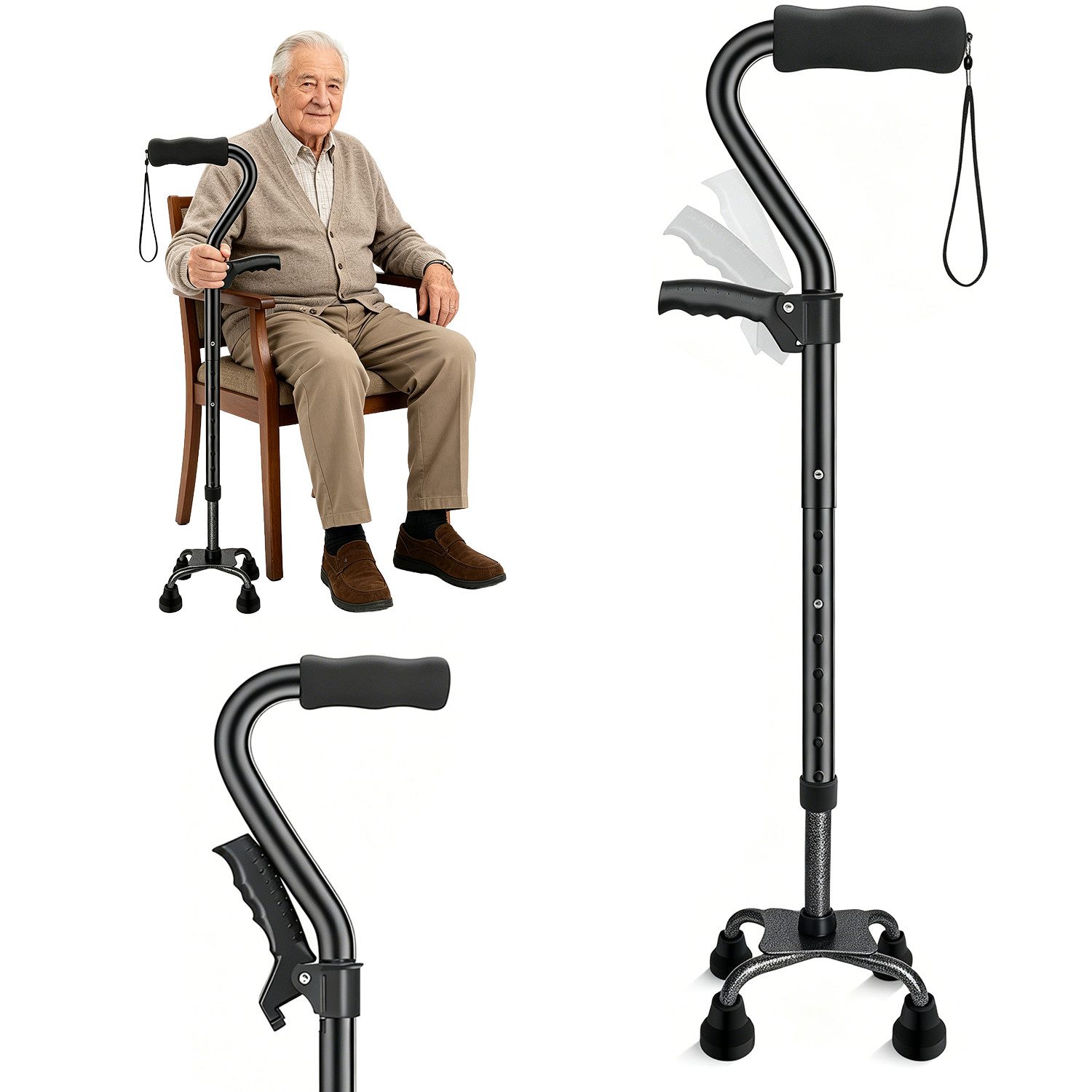 AKKEE Gehstock Geh- und Aufstehhilfe für Senioren & Erwachsene, Aluminiumlegierung, mit 4 Beinen, 78-95cm
