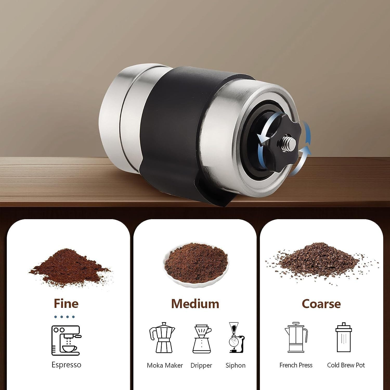 LIANNA Kaffeemühle Manuelle Kaffeemühle, Handkaffeemühle aus Edelstahl mit Handkurbel, 20 W, Becherform, 250 g Bohnenbehälter, Mini-Handmühle mit Keramikmahlwerk für Kaffeebohnen, einstellbar