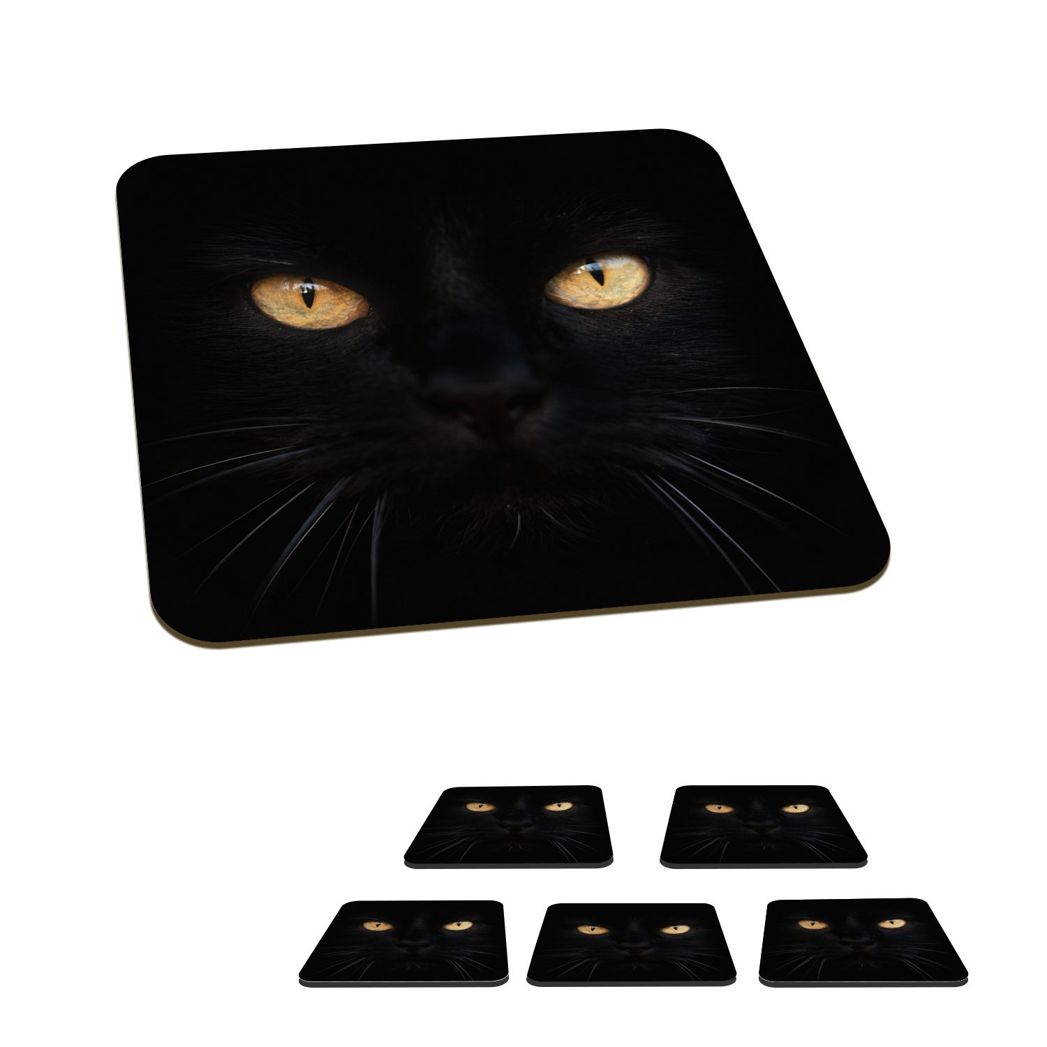 MuchoWow Glasuntersetzer Nahaufnahme einer schwarzen Katze, Zubehör für Gläser, 6-tlg., Glasuntersetzer, Tischuntersetzer, Korkuntersetzer, Untersetzer, Tasse