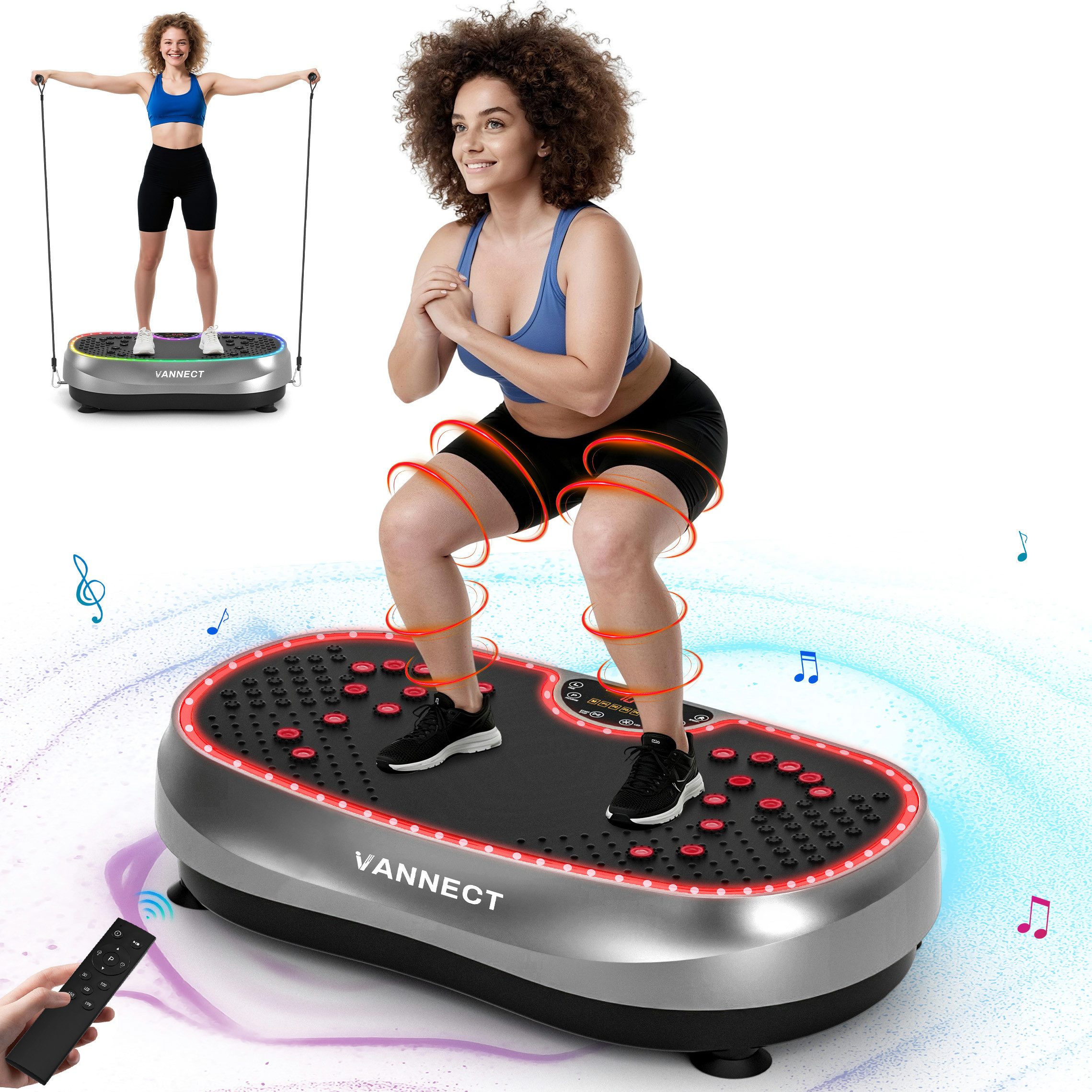 VANNECT Vibrationsplatte 2026 mit 6+1 Trainingsmodi, 9 coolen LED-Lichtern, 200 W, 199 Intensitätsstufen, (1 tlg., Power Llate mit 200W Bürstenlose Motoren), Vibrationsplatte für Zuhause, 199 Geschwindigkeiten, bis 230 kg