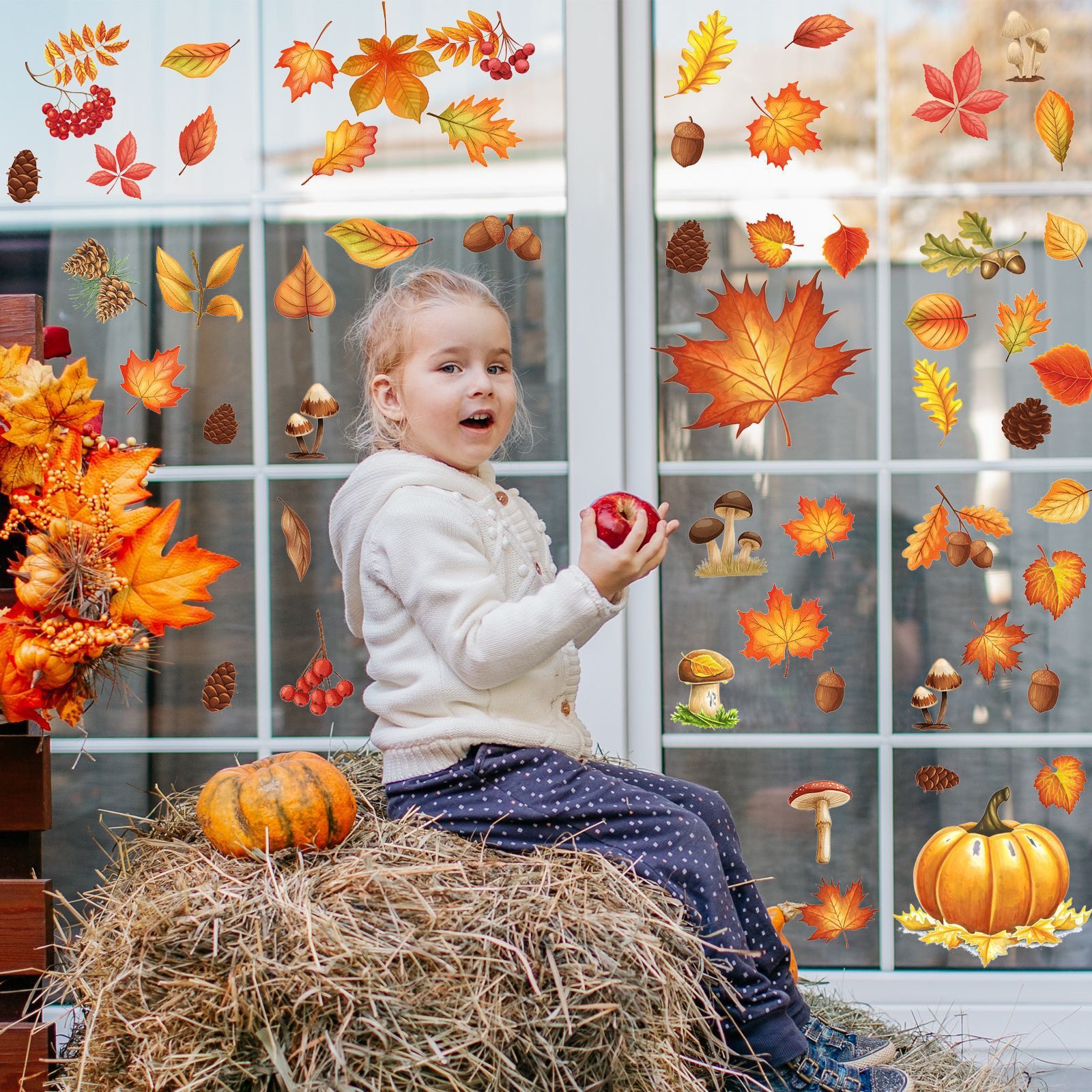 Bomiclss Fensterfolie Fensterbilder Herbst, Herbstdeko,Erntedankfest Fensterbilder, Selbstklebend Herbst Deko Aufklebe, für Fenster Kinderzimmer Cafés Halloween – Bild 2 von 5