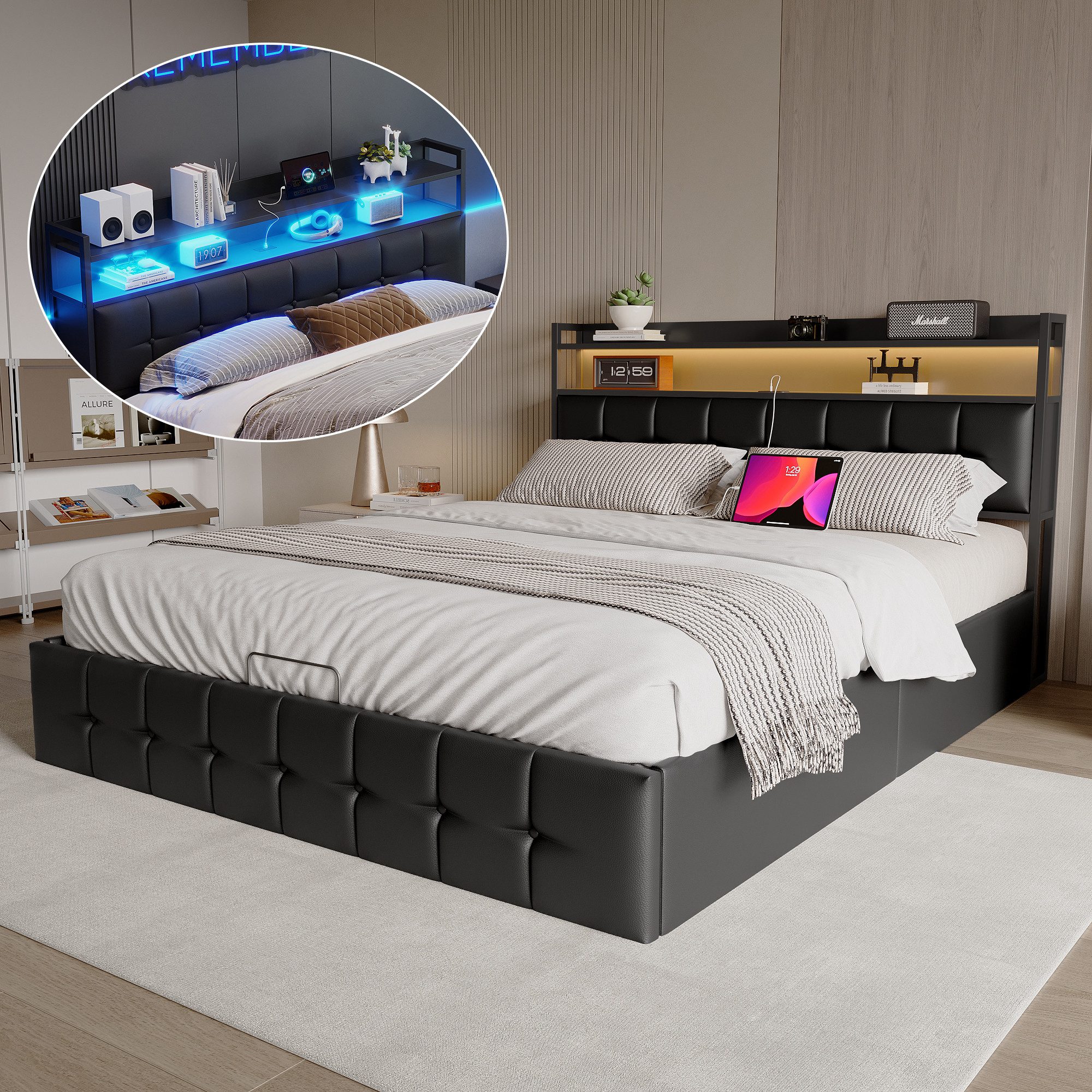 Furnishings Home Polsterbett Stauraumbett Doppelbett LED günstig online kaufen