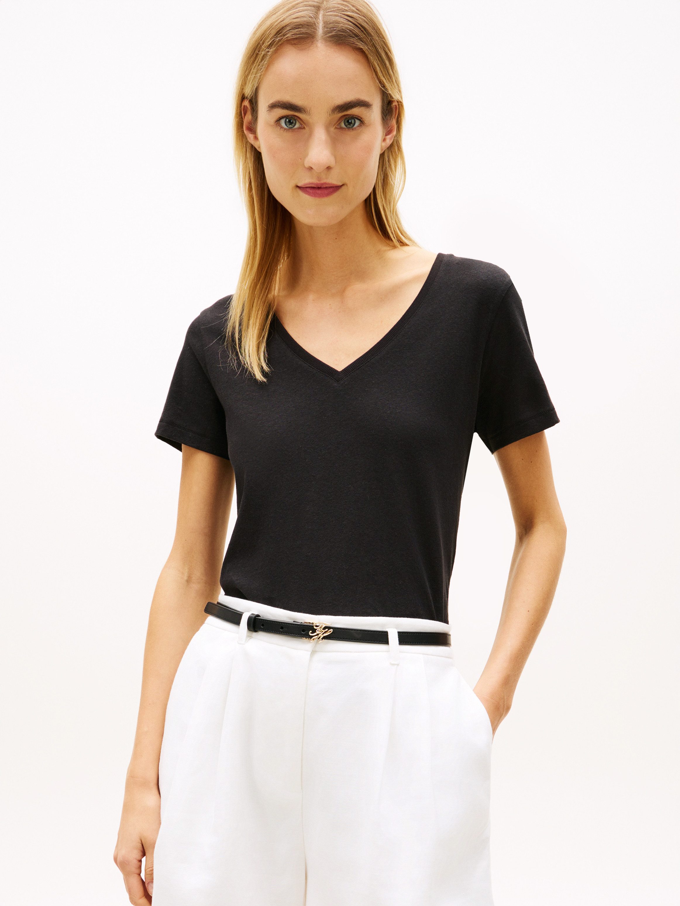 Tommy Hilfiger Kurzarmshirt CO LINEN V-NECK SHORT SLEEVE TEE mit V-Ausschnitt, Regular Fit