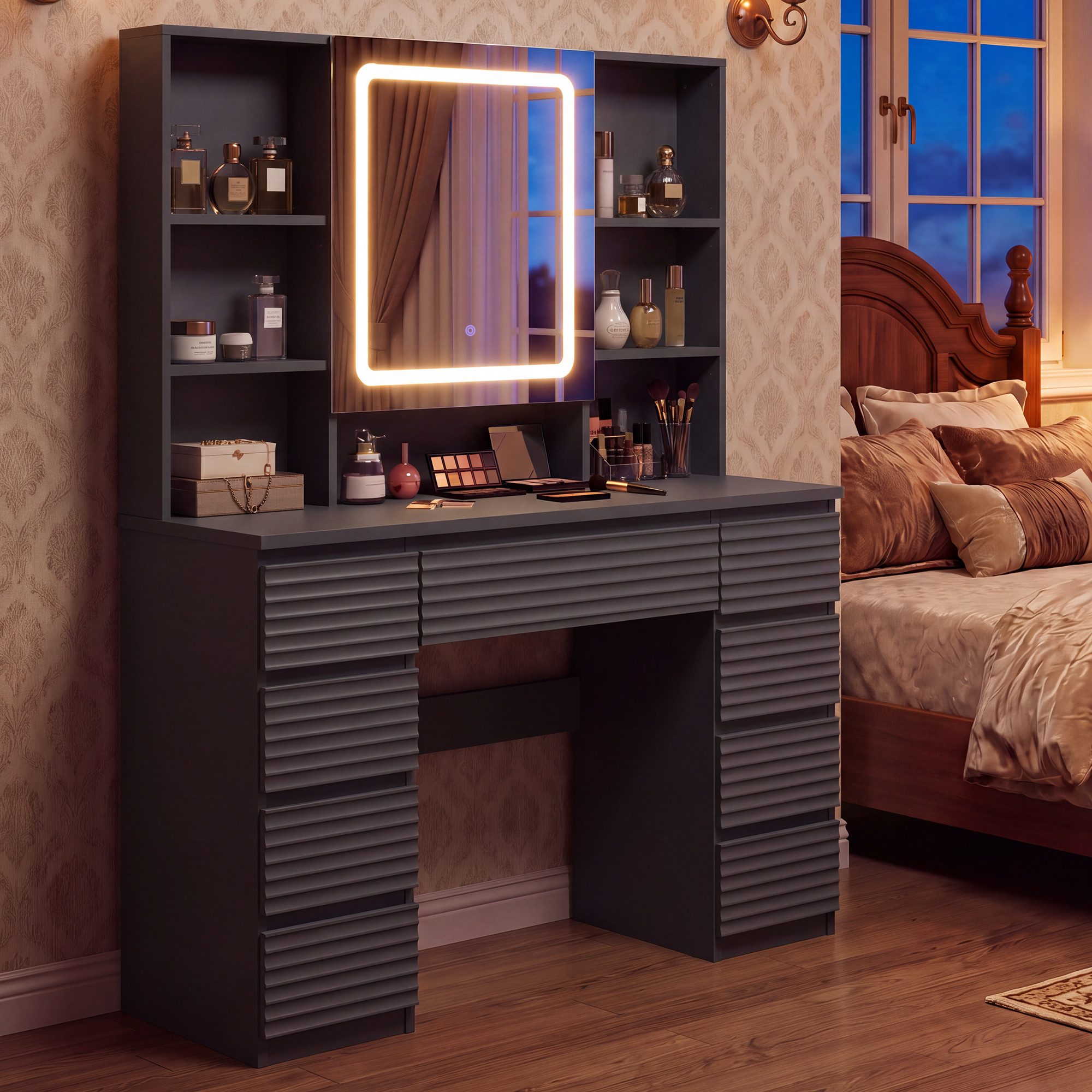 HOMALL Schminktisch LED-Schminkspiegel, schwarz-weißer Schminktisch und Hocker im Set (Kombination aus 9 Schubladen, 7 offenen Fächern und Stauraum hinter dem Spiegel, Maße: 108 x 40 x 146 cm, mit 2 Steckdosen, 1 USB-Anschluss und 1 Typ-C-Anschluss sowie einer Halterung für den Föhn, wahlweise in Weiß, Schwarz oder als Set mit Hocker erhältlich)