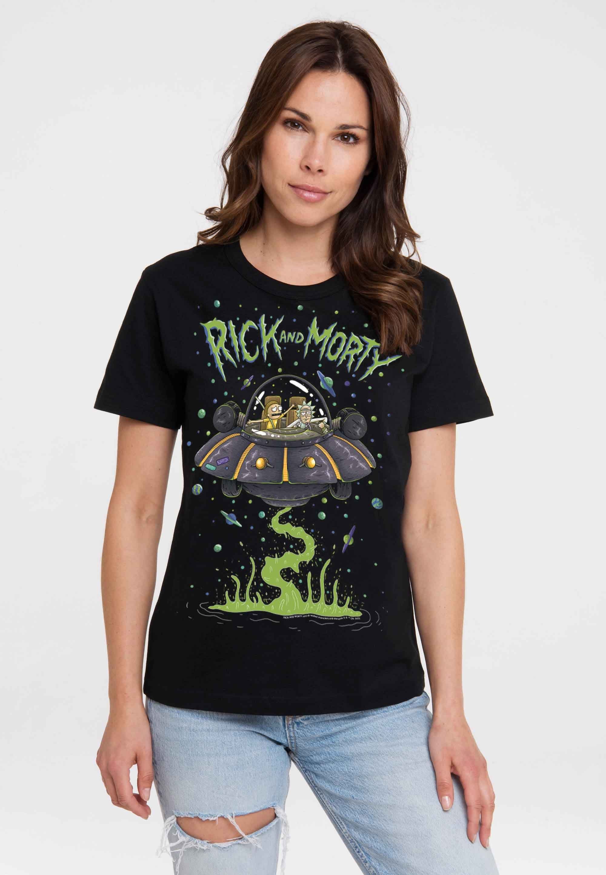 LOGOSHIRT T-Shirt Rick lizenziertem Raumschiff & Print Morty mit 