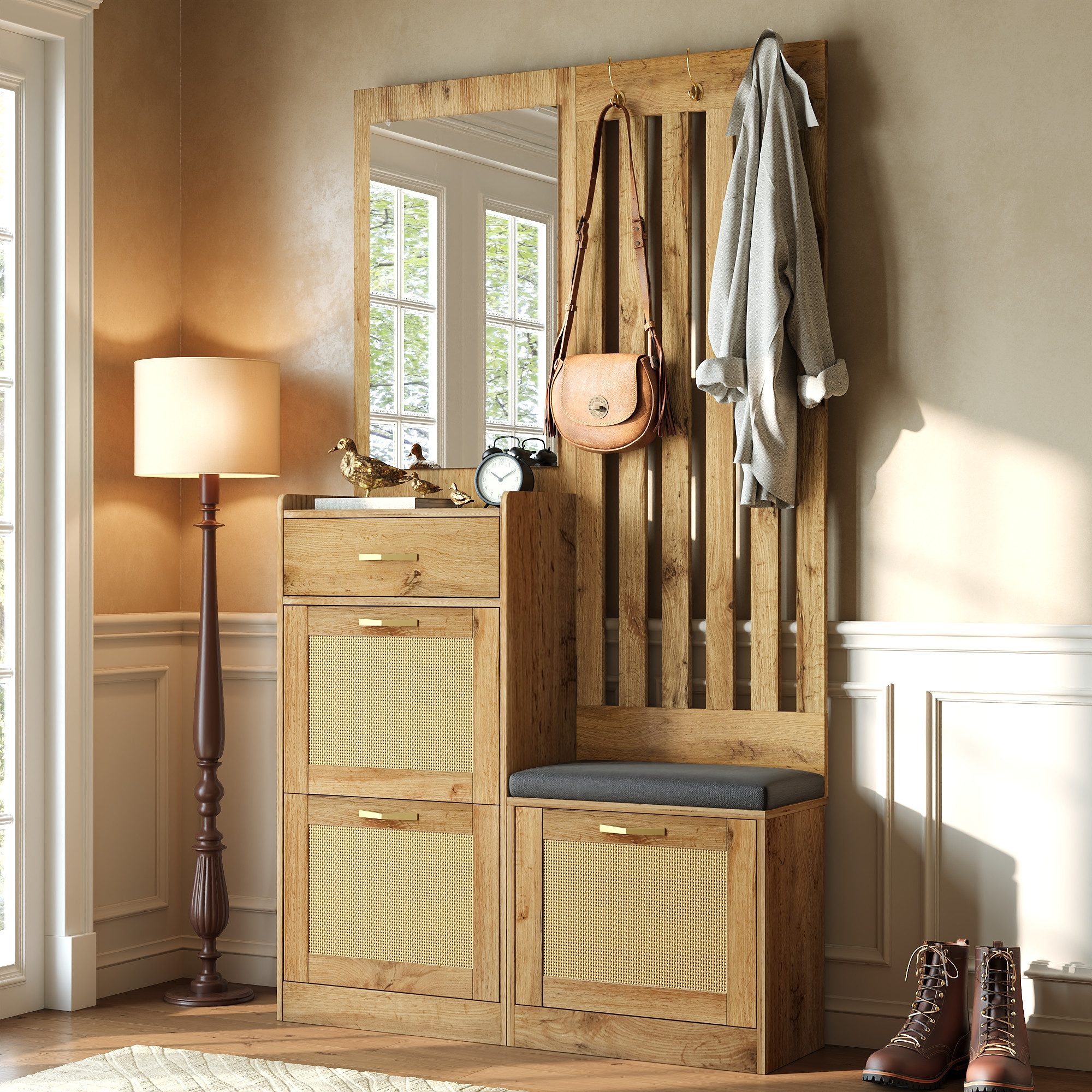 Merax Kompaktgarderobe mit Rattanoptik, Spiegel & Sitzbank (1-St) Garderoben-Set schmale Flurgarderobe mit Schuhschrank,Haken & Stauraum