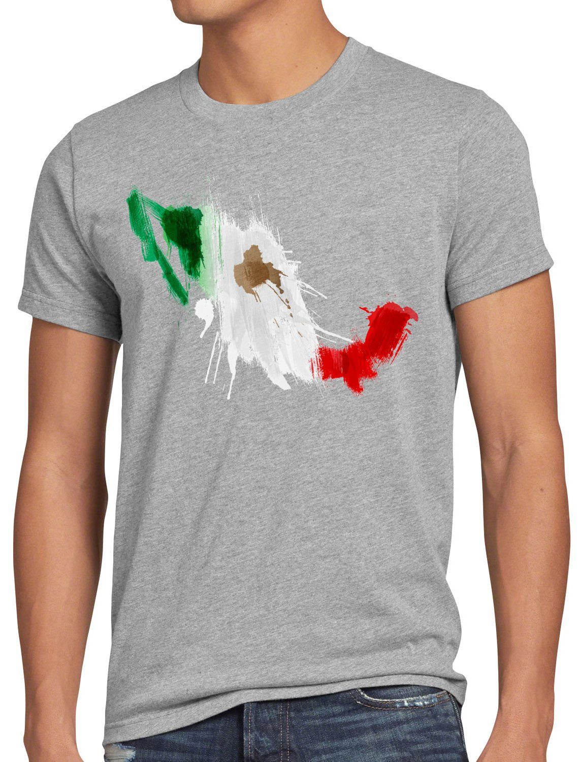 Herren Fahne style3 Print-Shirt Mexico T-Shirt Sport WM Fußball grau meliert Flagge Mexiko EM