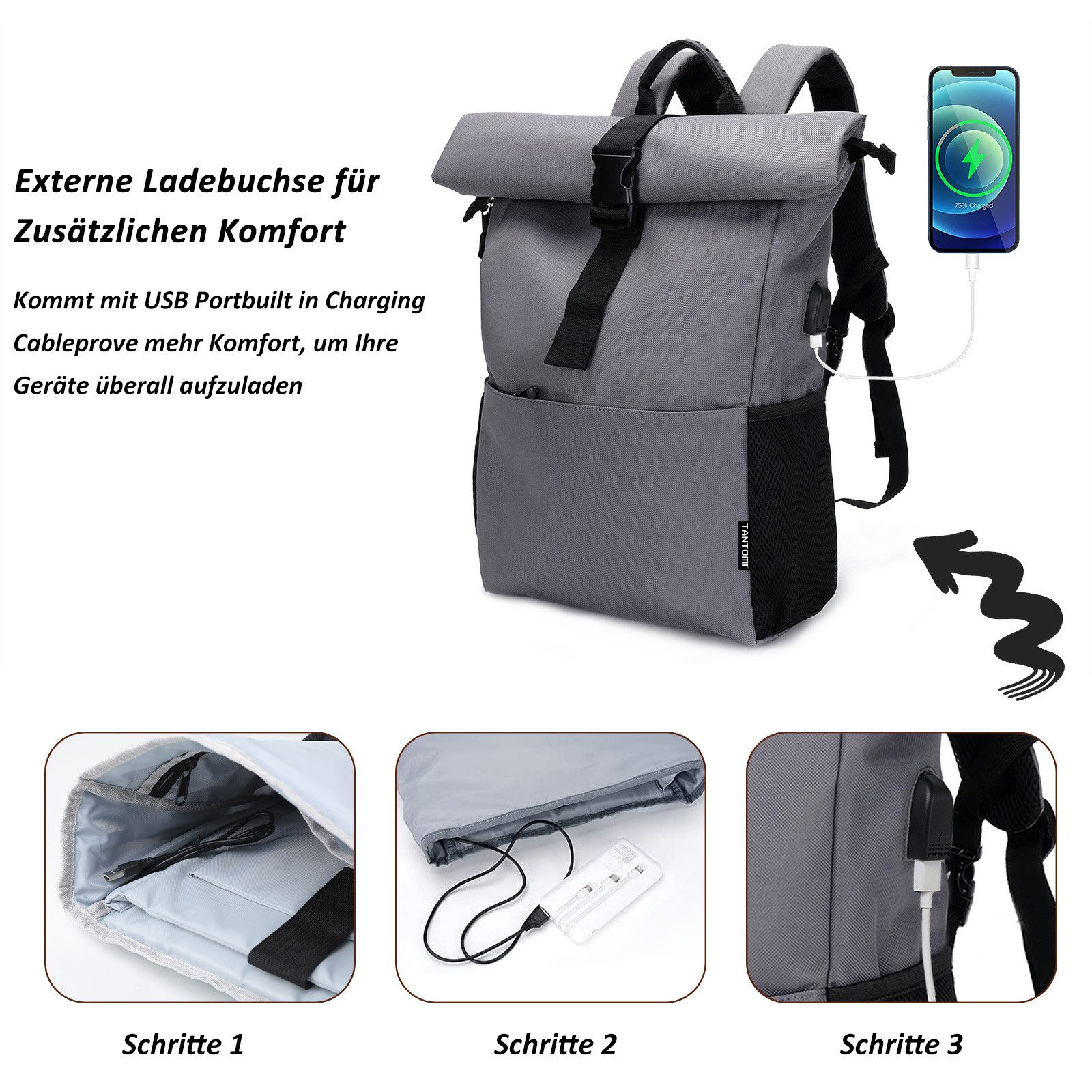 TAN.TOMI Cityrucksack Rucksack Damen Groß Rucksack Herren Groß Schulrucksack (Arbeitsrucksack viele Fächer mit 15,6" Laptopfach/USB-Anschluss), Unisex Rolltop Rucksack Wasserdicht, Lässiger Backpack