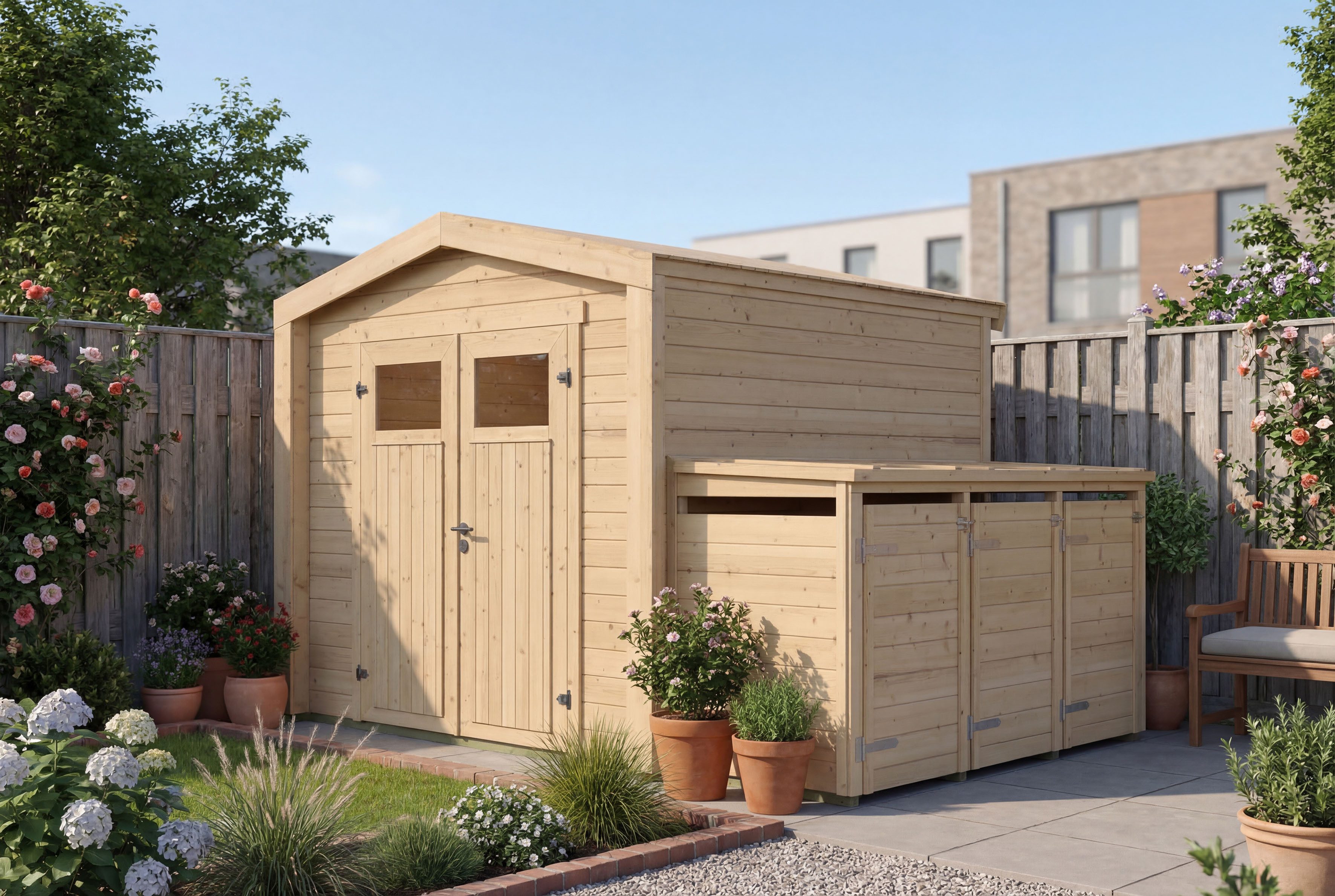 weka Gartenhaus Killarney, BxT: 337x248 cm, Doppeltür, mit 3er Mülltonnenbox