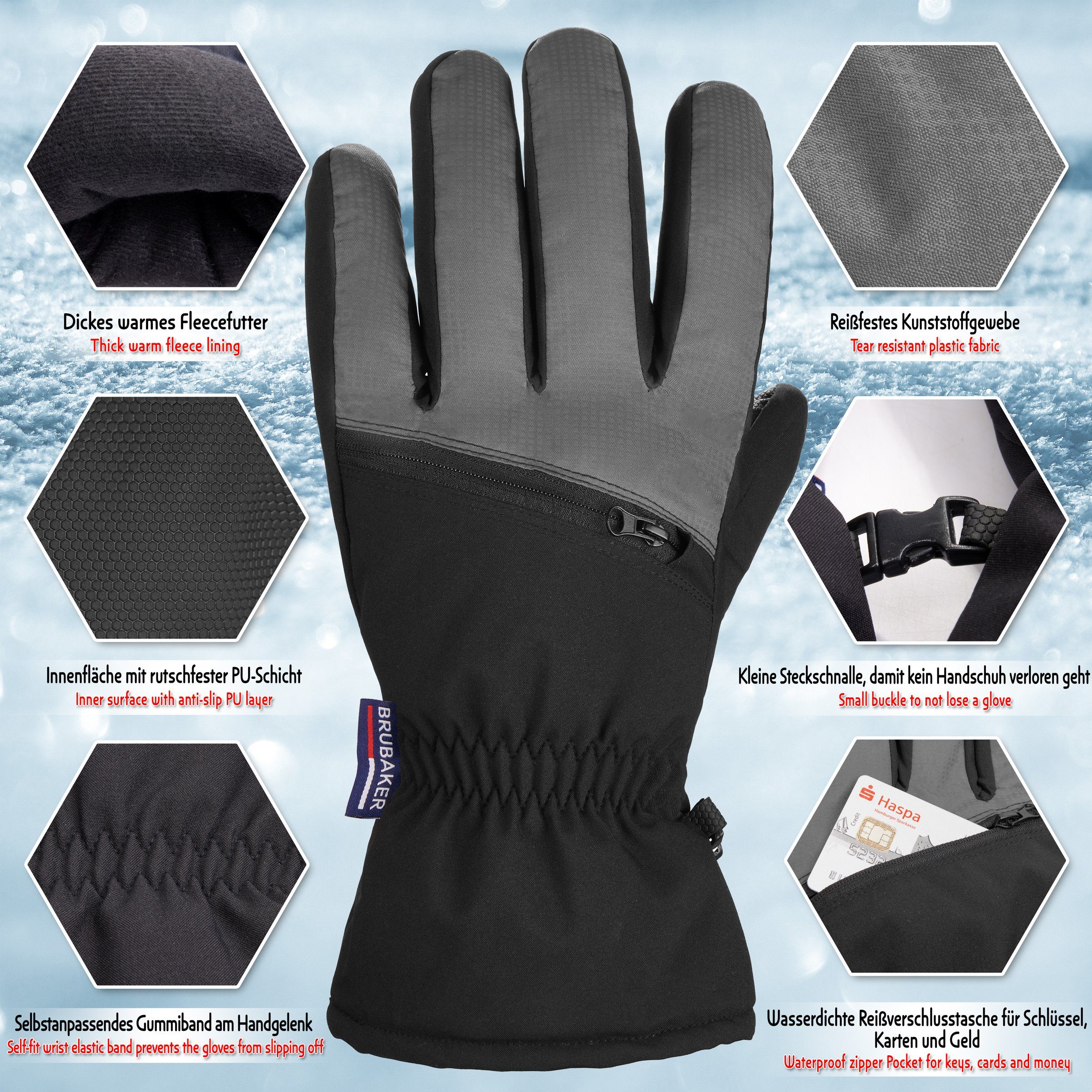 BRUBAKER Skihandschuhe Wasserdicht & Winddicht mit Reißverschluss Tasche (1-St) Winterhandschuhe für Herren und Damen - Thermo Snowboardhandschuhe -