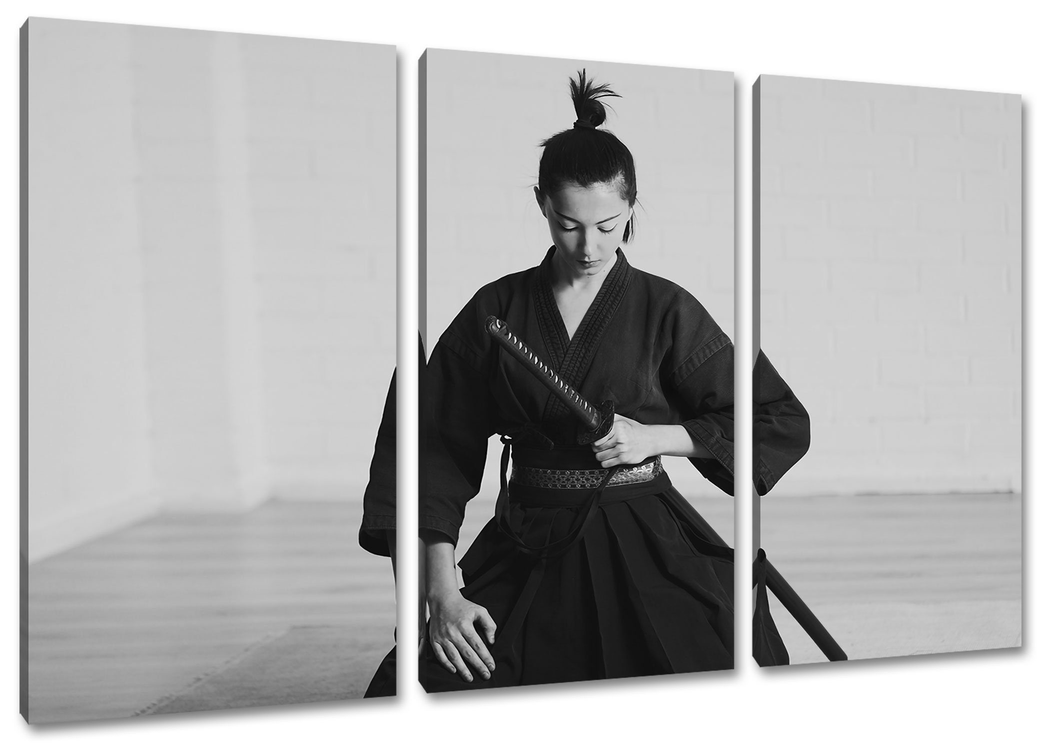 Pixxprint Leinwandbild St), stolze Samurai-Kriegerin, 3Teiler stolze Samurai-Kriegerin (1 Leinwandbild inkl. (120x80cm) bespannt, fertig Zackenaufhänger