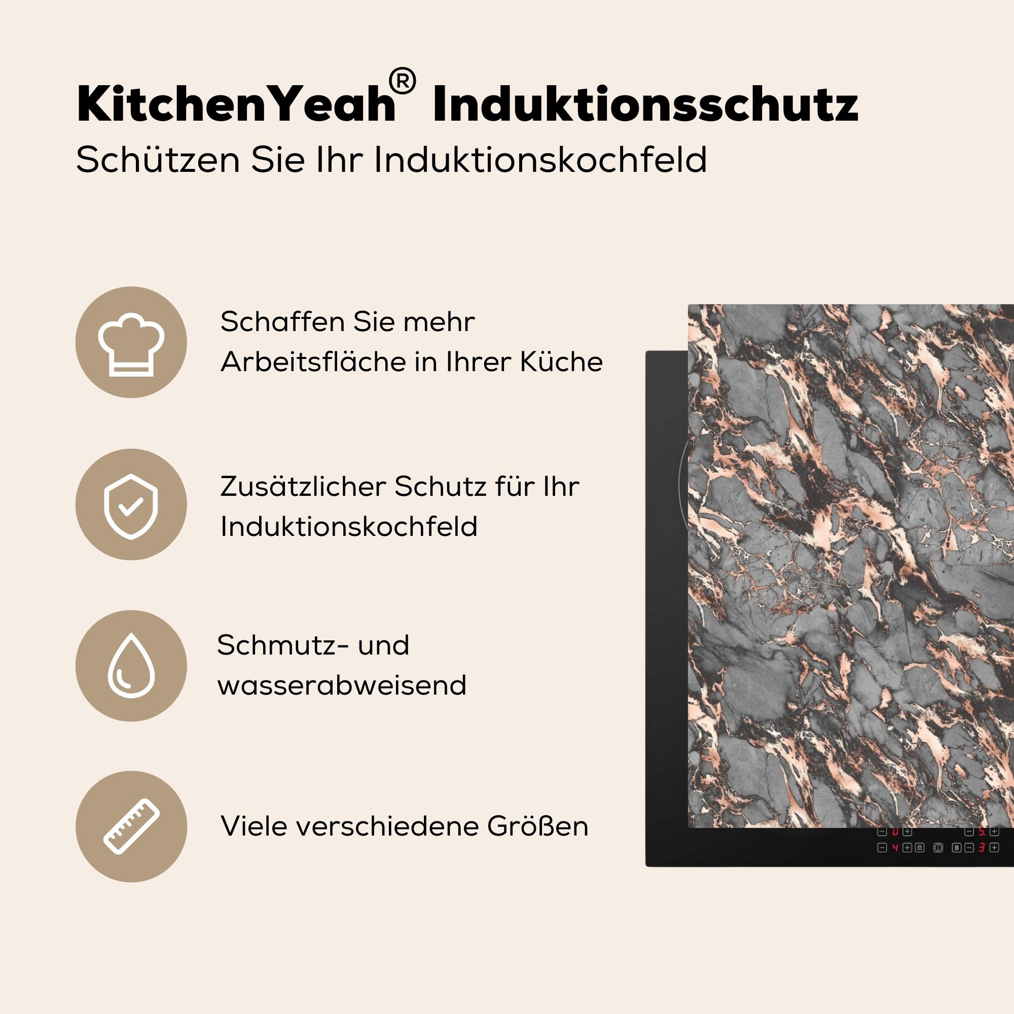 - Induktionskochfeld Ceranfeldabdeckung Vinyl, Herdblende-/Abdeckplatte für Schutz Marmor Steine, cm, küche, (1 - die MuchoWow Roségold tlg), 81x52
