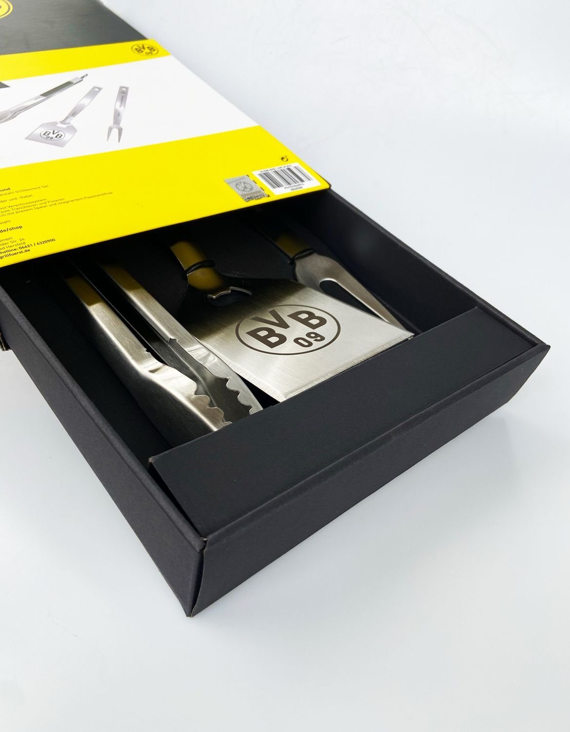 Grillzange, in Edition Set Grillfürst mit -Gabel Grillfürst Geschenkverpackung und -Wender Premium Dortmund Grillbesteck-Set Grillbesteck - Borussia