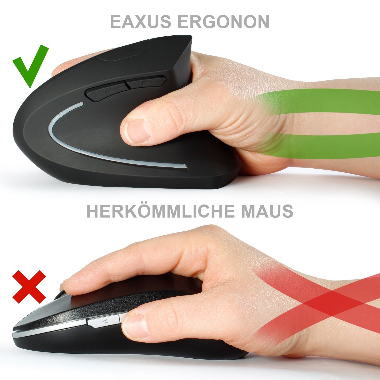EAXUS Ergonon Vertikale Maus mit 6 Tasten ergonomische Maus (Funk, 10m  Reichweite, Vorbeugung gegen Mausarm/Tennisarm)